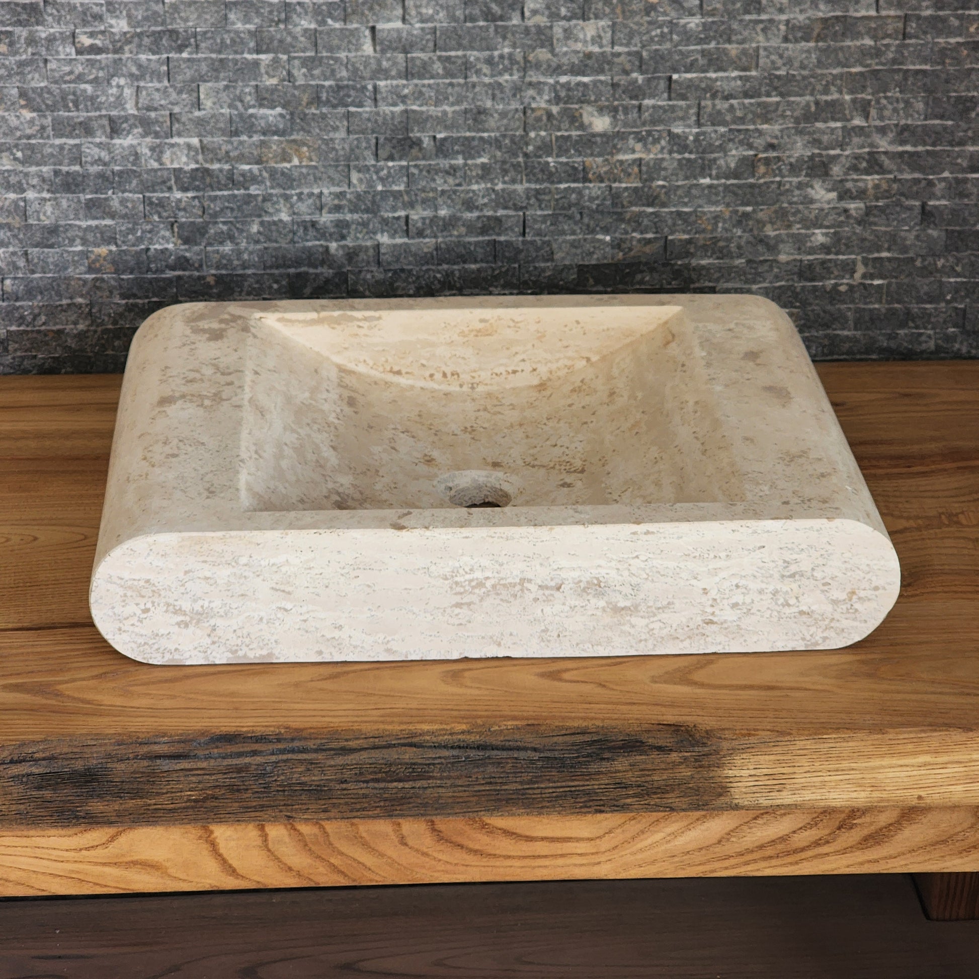 Rectangular Travertine Vessel Sink - Infinity Slope Solid Stone Basin