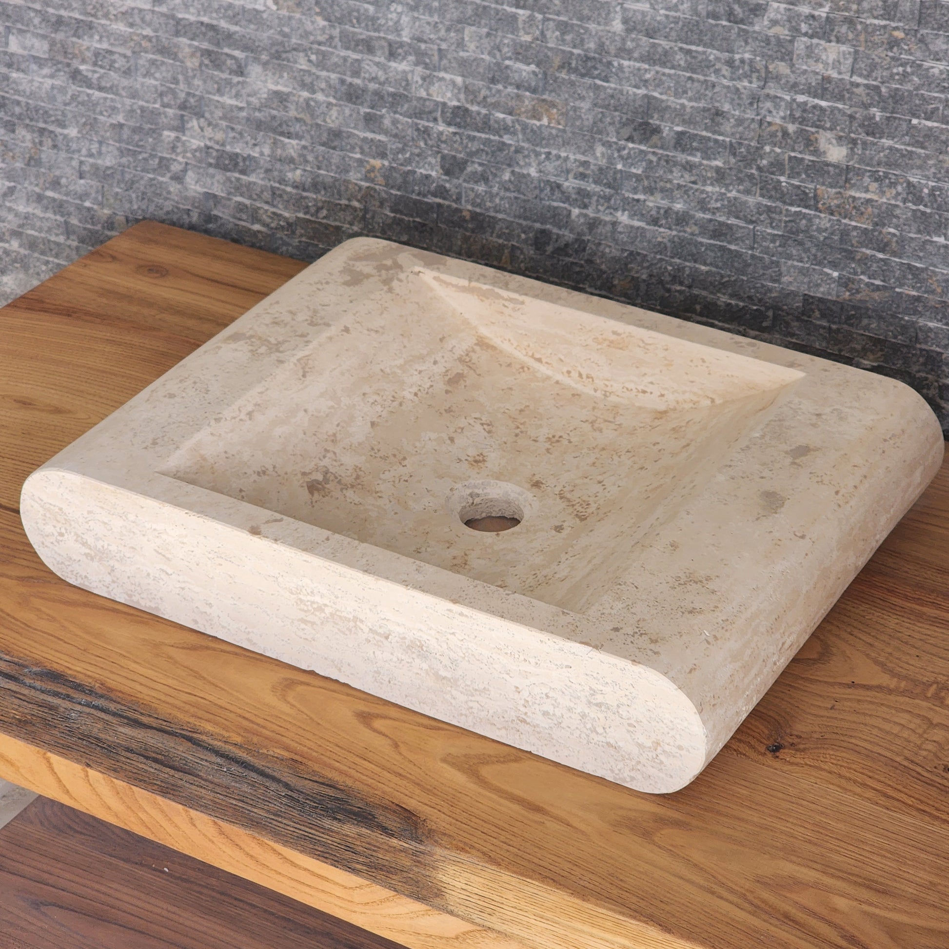 Rectangular Travertine Vessel Sink - Infinity Slope Solid Stone Basin