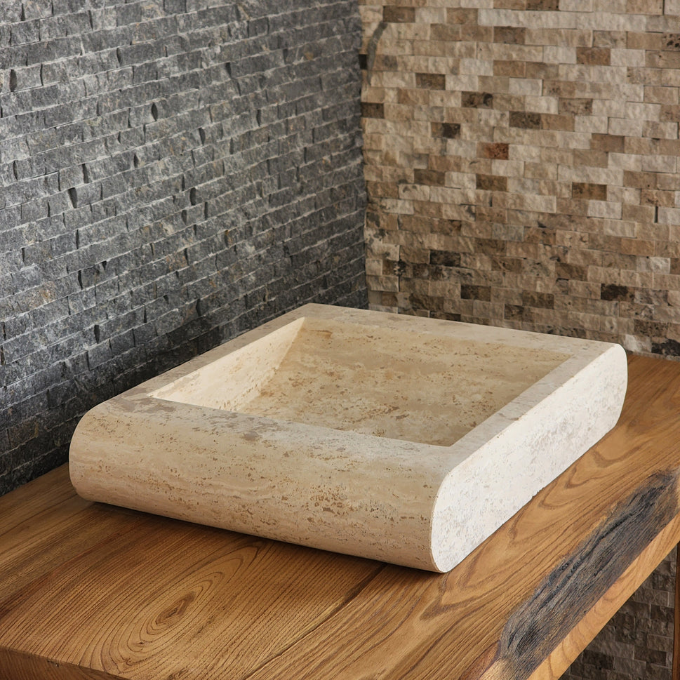 Rectangular Travertine Vessel Sink - Infinity Slope Solid Stone Basin