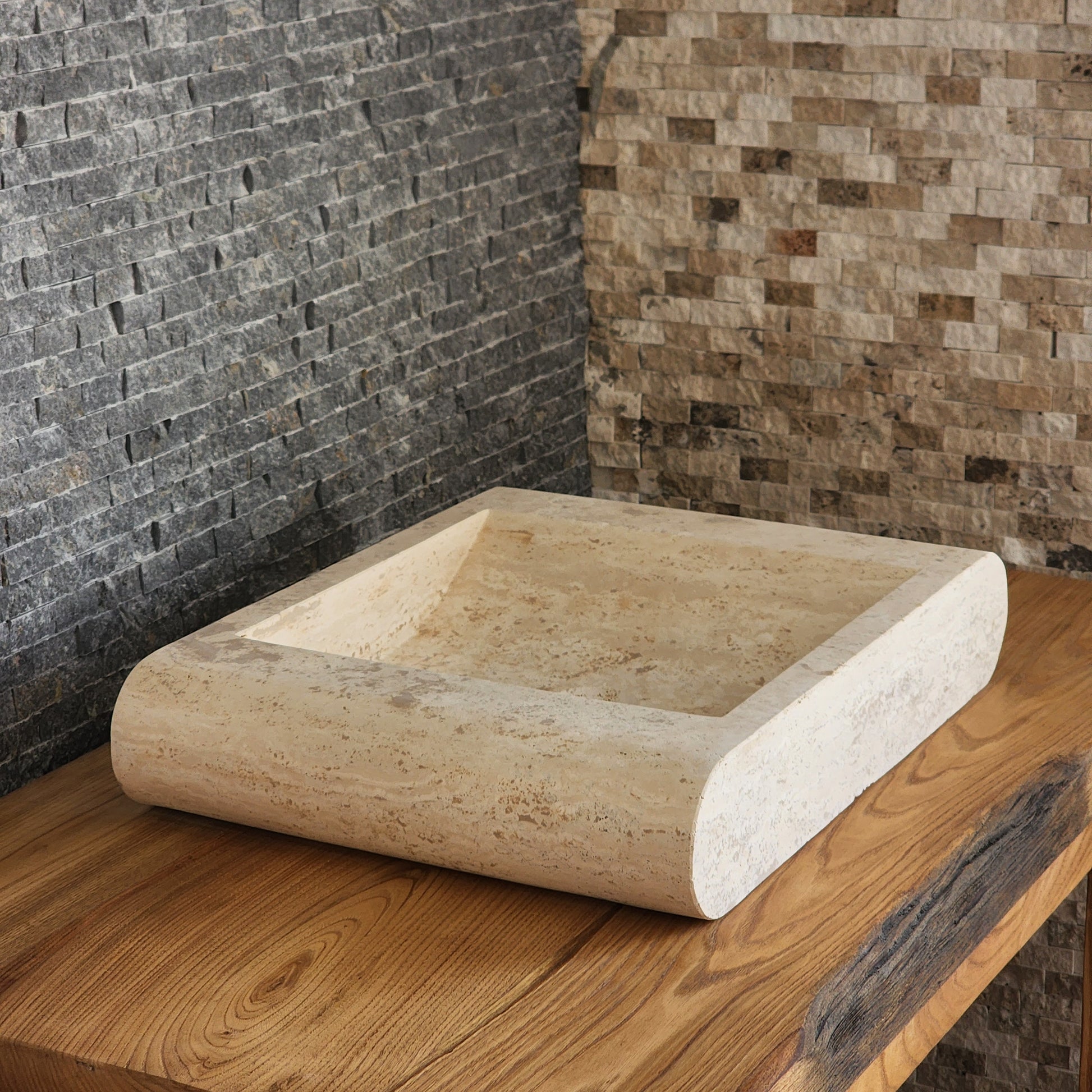 Rectangular Travertine Vessel Sink - Infinity Slope Solid Stone Basin