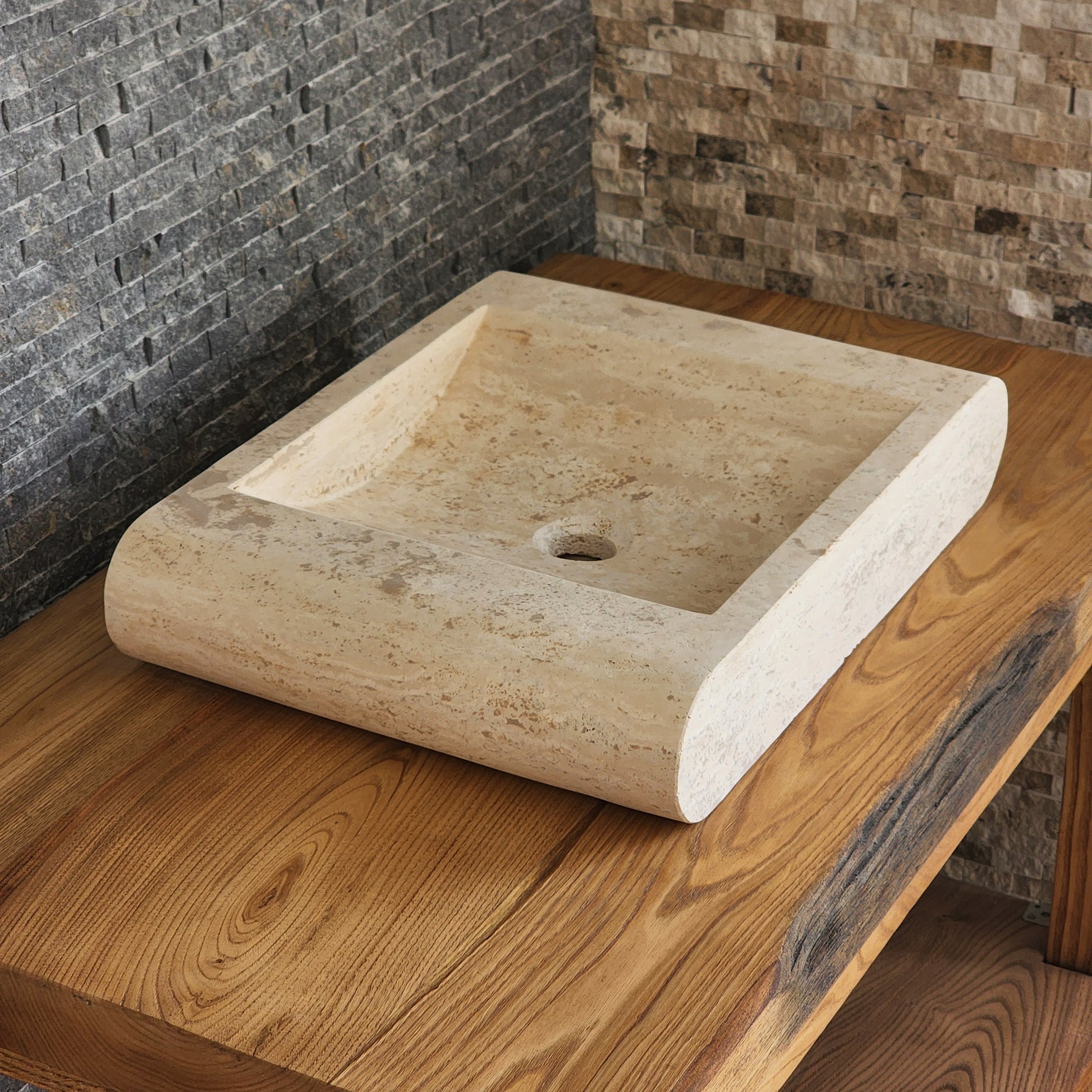 Rectangular Travertine Vessel Sink - Infinity Slope Solid Stone Basin