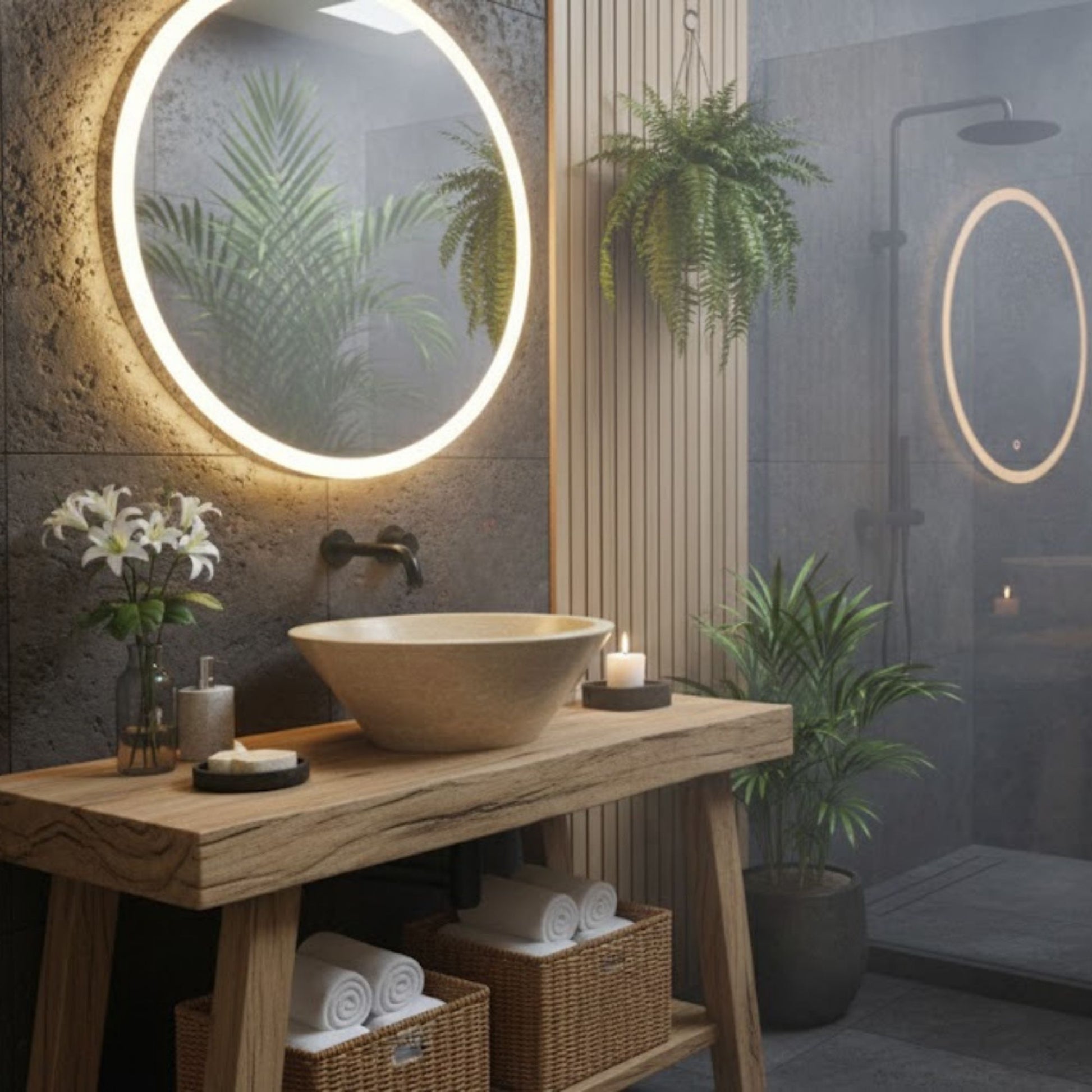 Hand-Carved Round Marble Vessel Sink – Polished Beige Natural Stone Basin