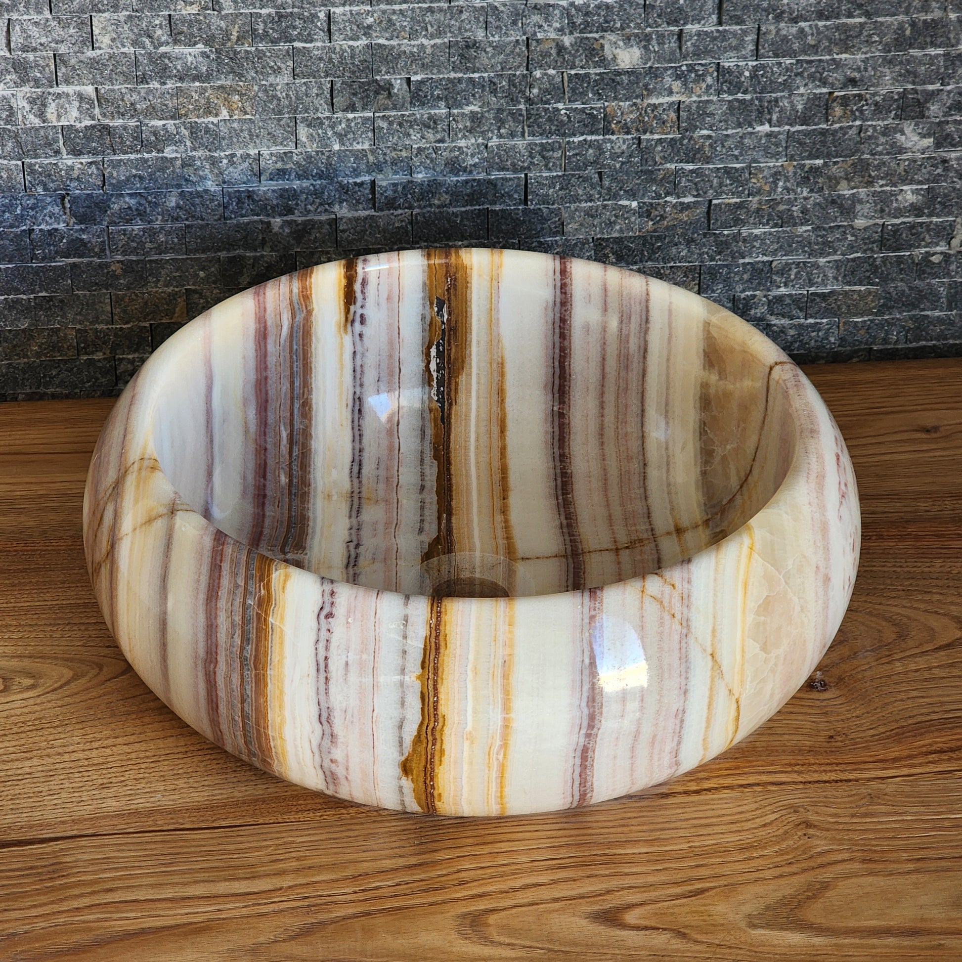 Exotic Striped Onyx Vessel Sink - Hand-Carved Translucent Stone Basin