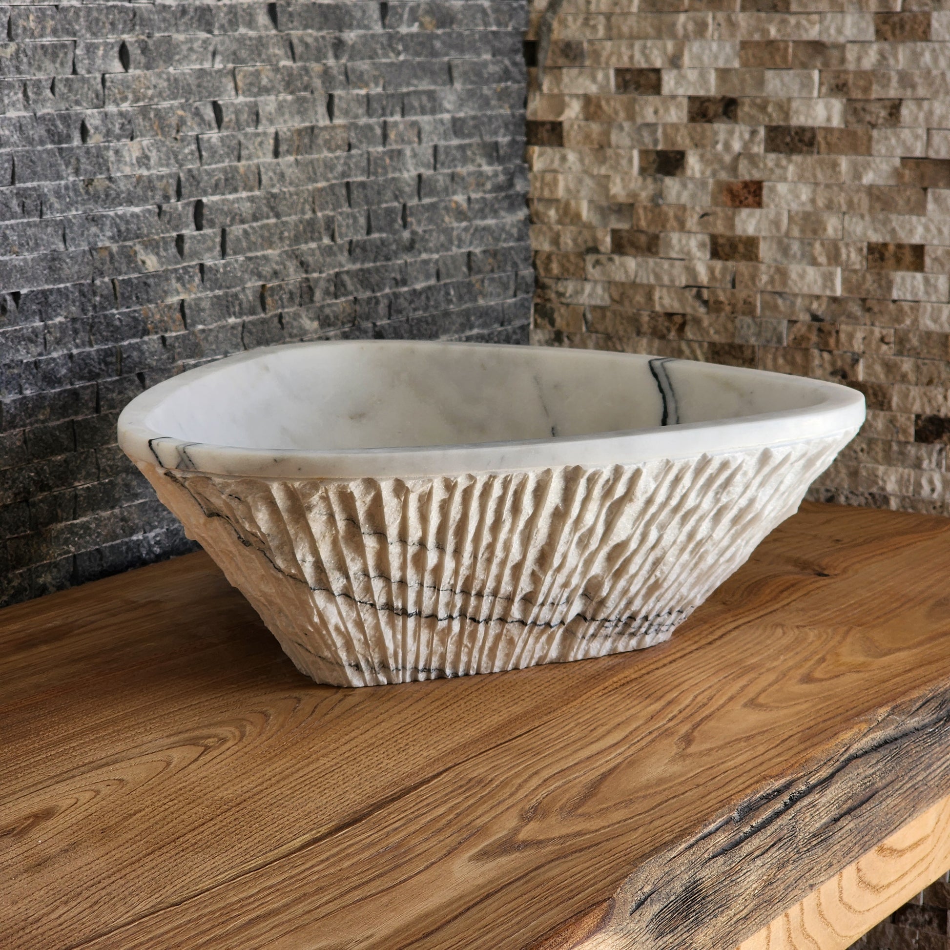 Triangular Chiseled White Marble Sink - Hand-Carved Raw Edge Basin