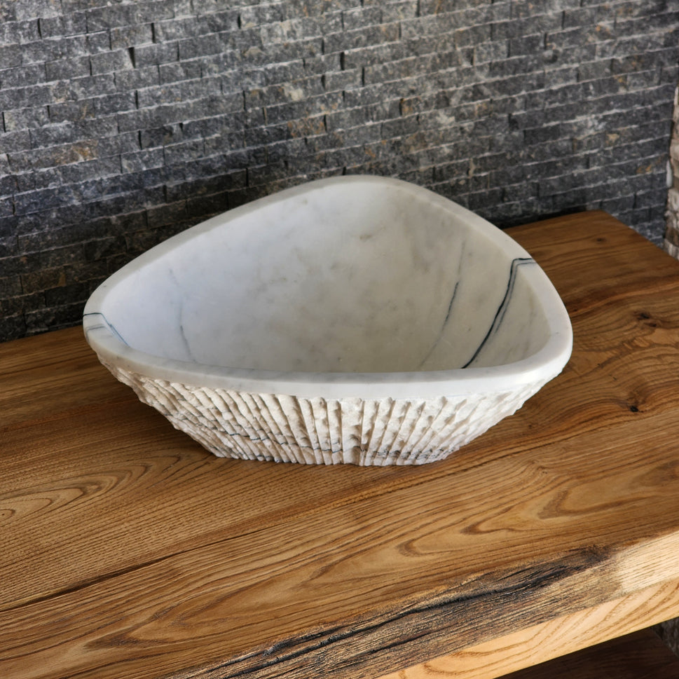 Triangular Chiseled White Marble Sink - Hand-Carved Raw Edge Basin