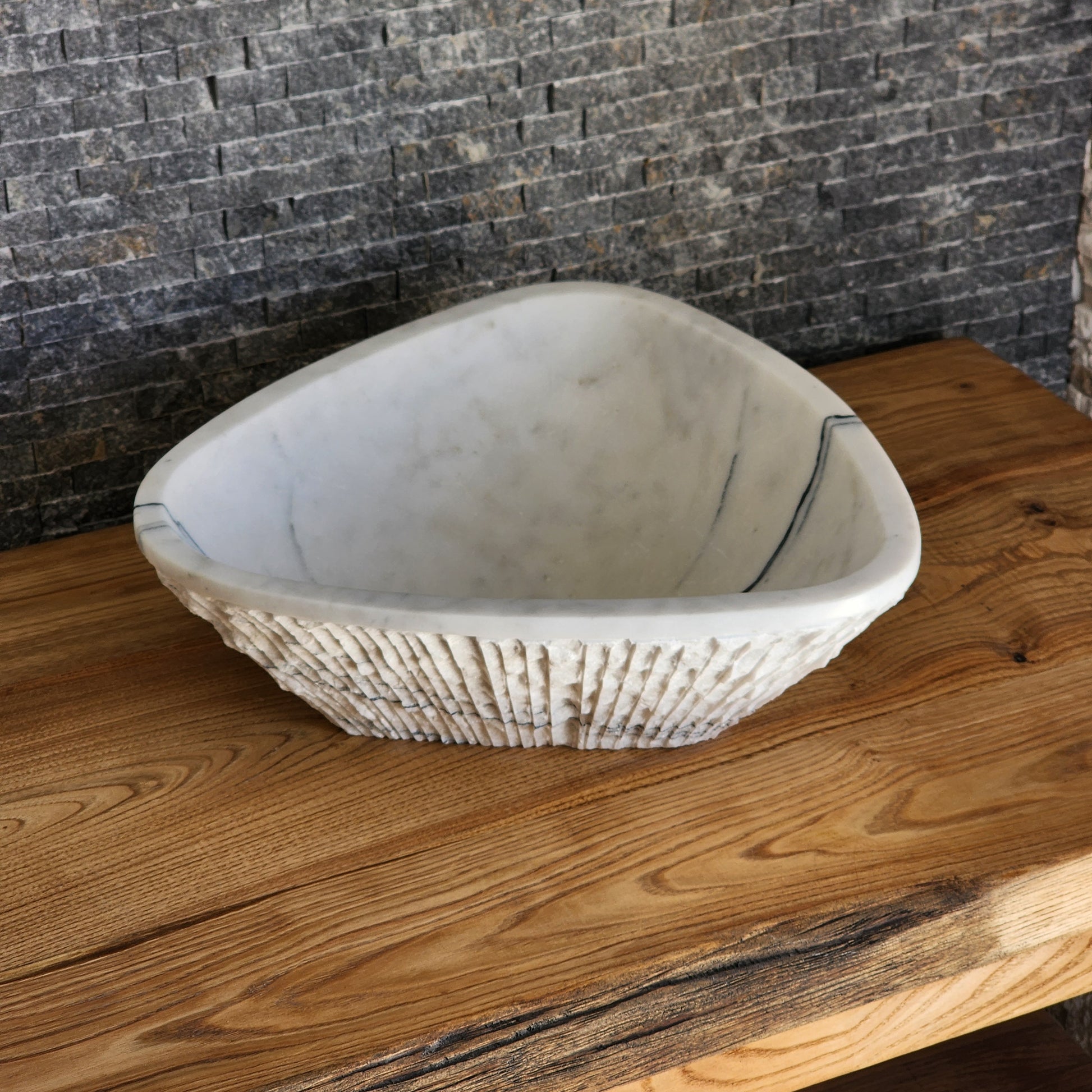 Triangular Chiseled White Marble Sink - Hand-Carved Raw Edge Basin