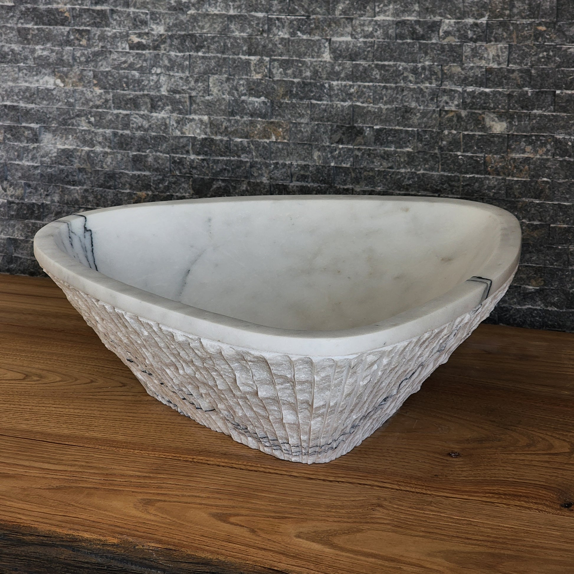 Triangular Chiseled White Marble Sink - Hand-Carved Raw Edge Basin