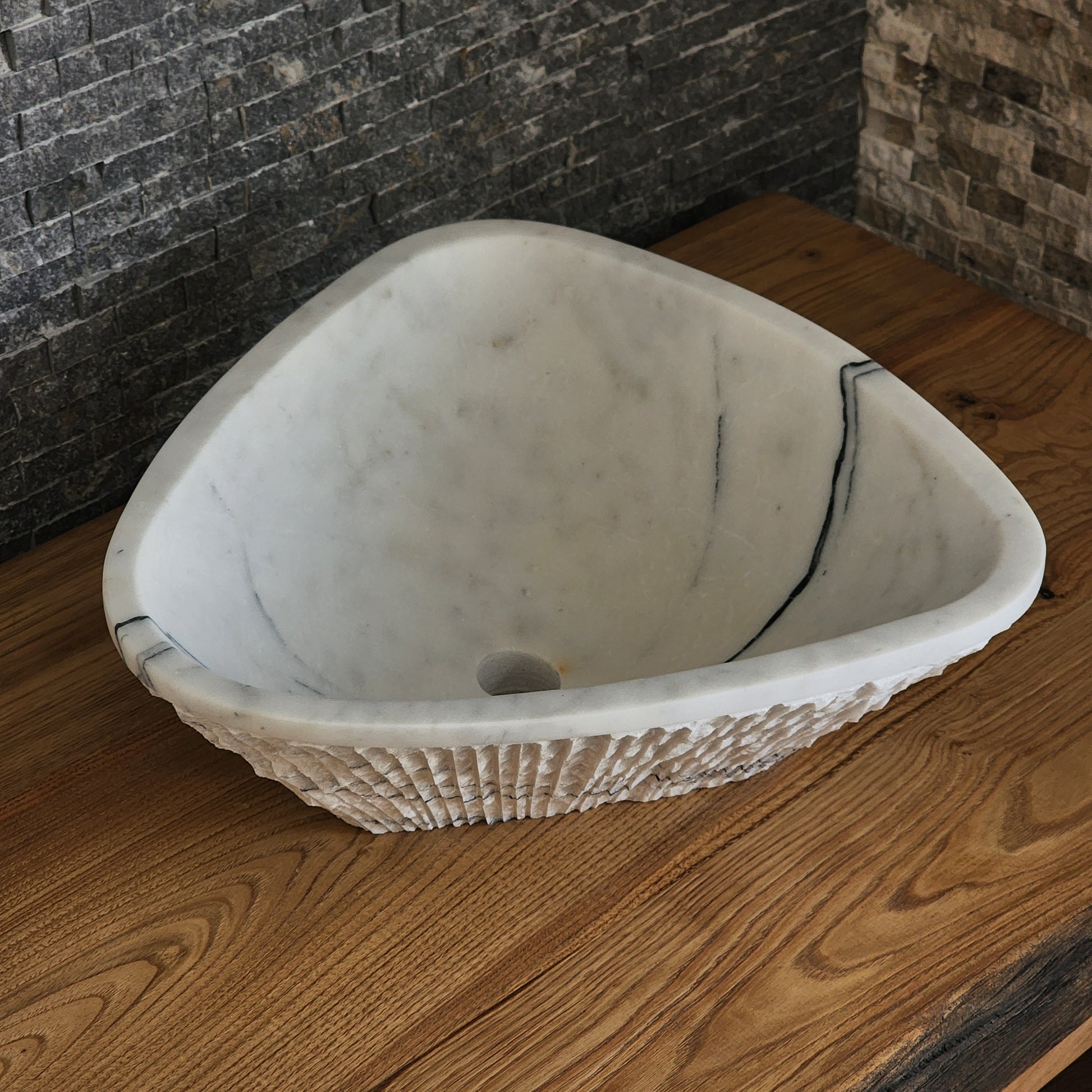 Triangular Chiseled White Marble Sink - Hand-Carved Raw Edge Basin