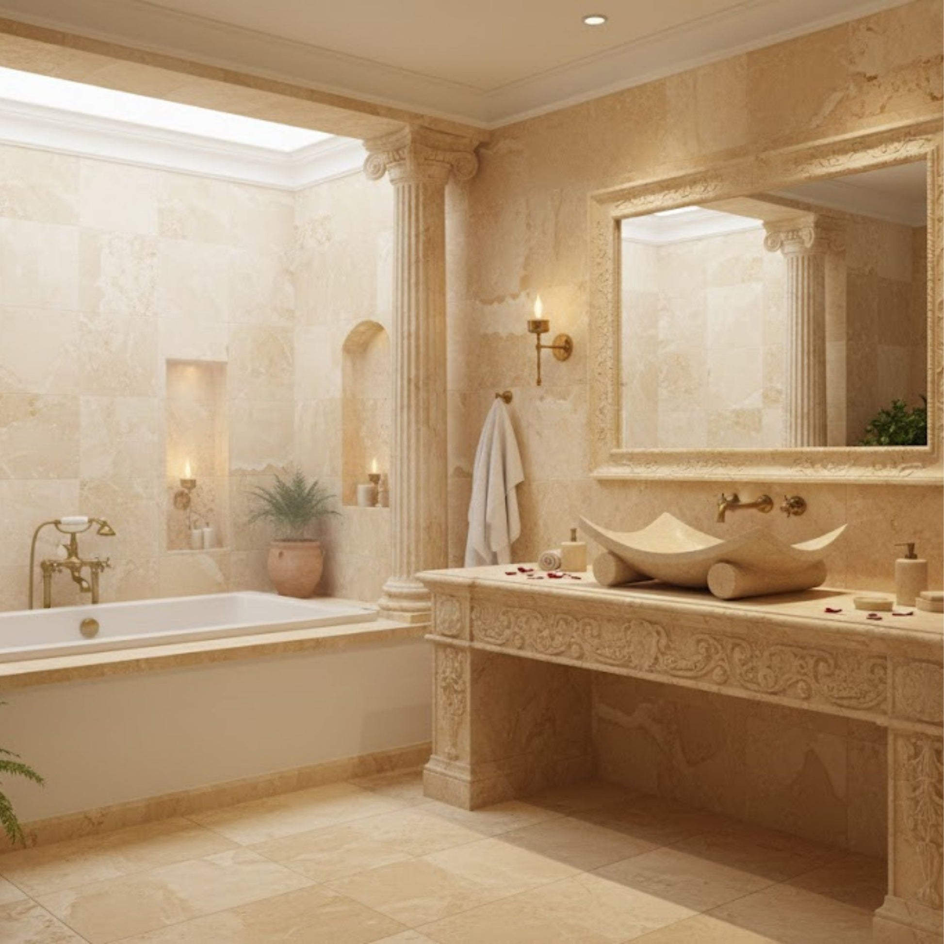 Hand-Carved Zen Pebble Limestone Vessel Sink – Round Matte Cream Natural Stone Basin