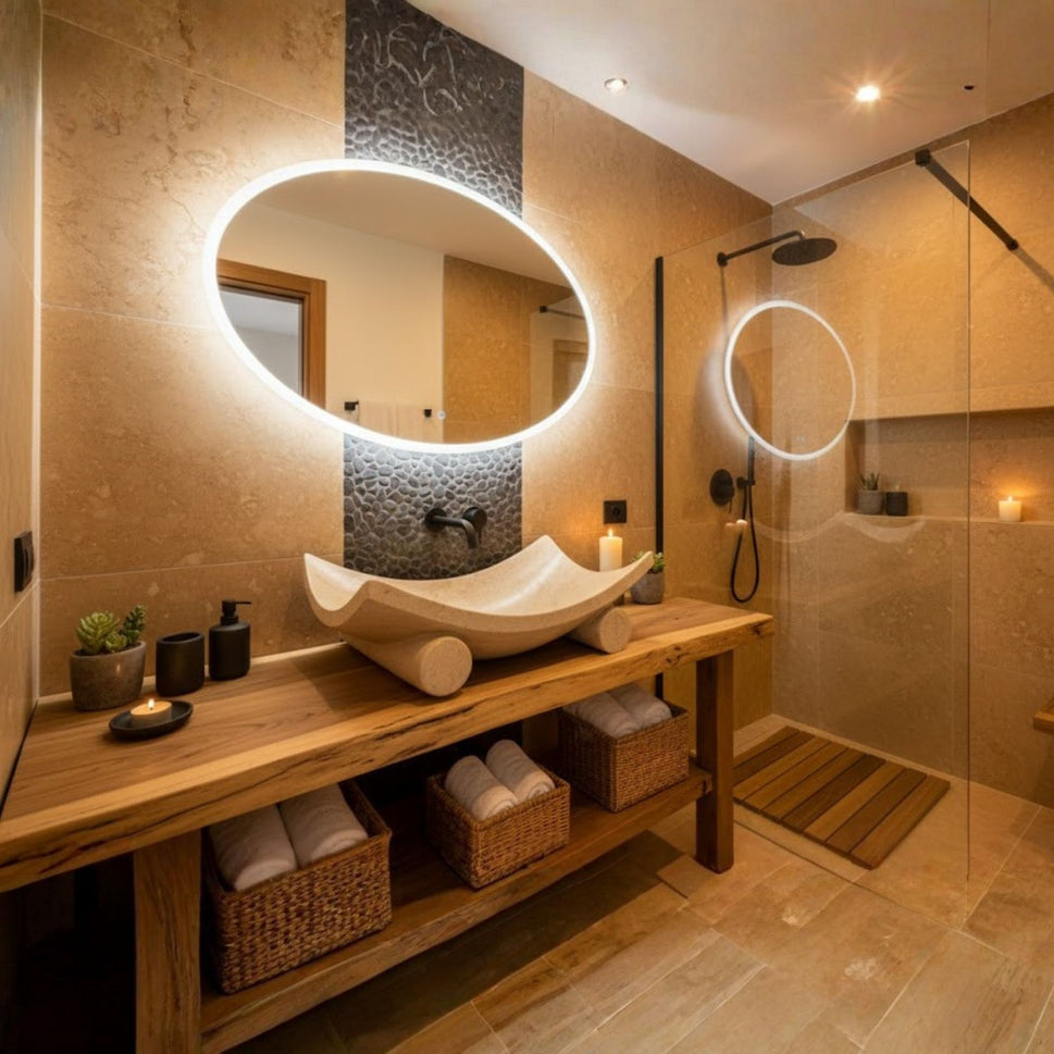 Hand-Carved Zen Pebble Limestone Vessel Sink – Round Matte Cream Natural Stone Basin