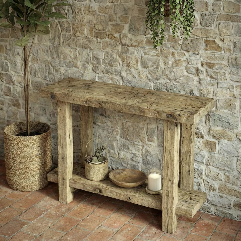 Rustic Beam Console with Lower Shelf - Entryway Live Edge Reclaimed Wood
