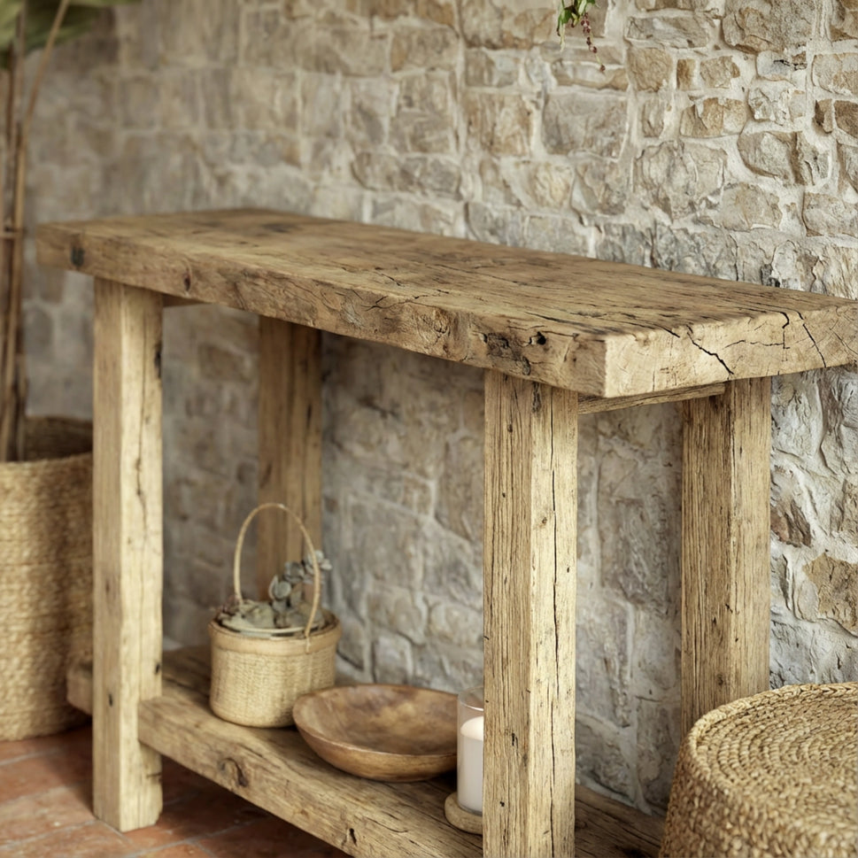 Rustic Beam Console with Lower Shelf - Entryway Live Edge Reclaimed Wood