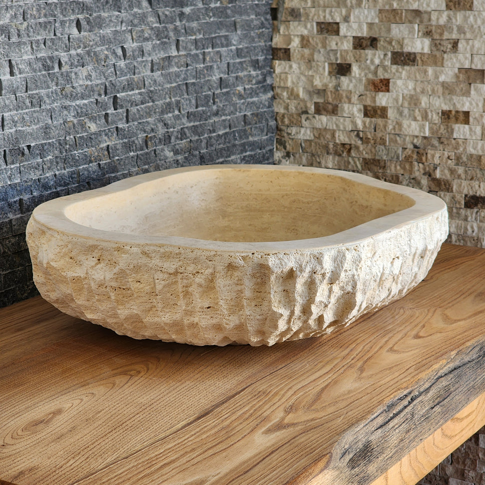Organic Oval Travertine Vessel Sink - Natural Shape Chiseled Basin