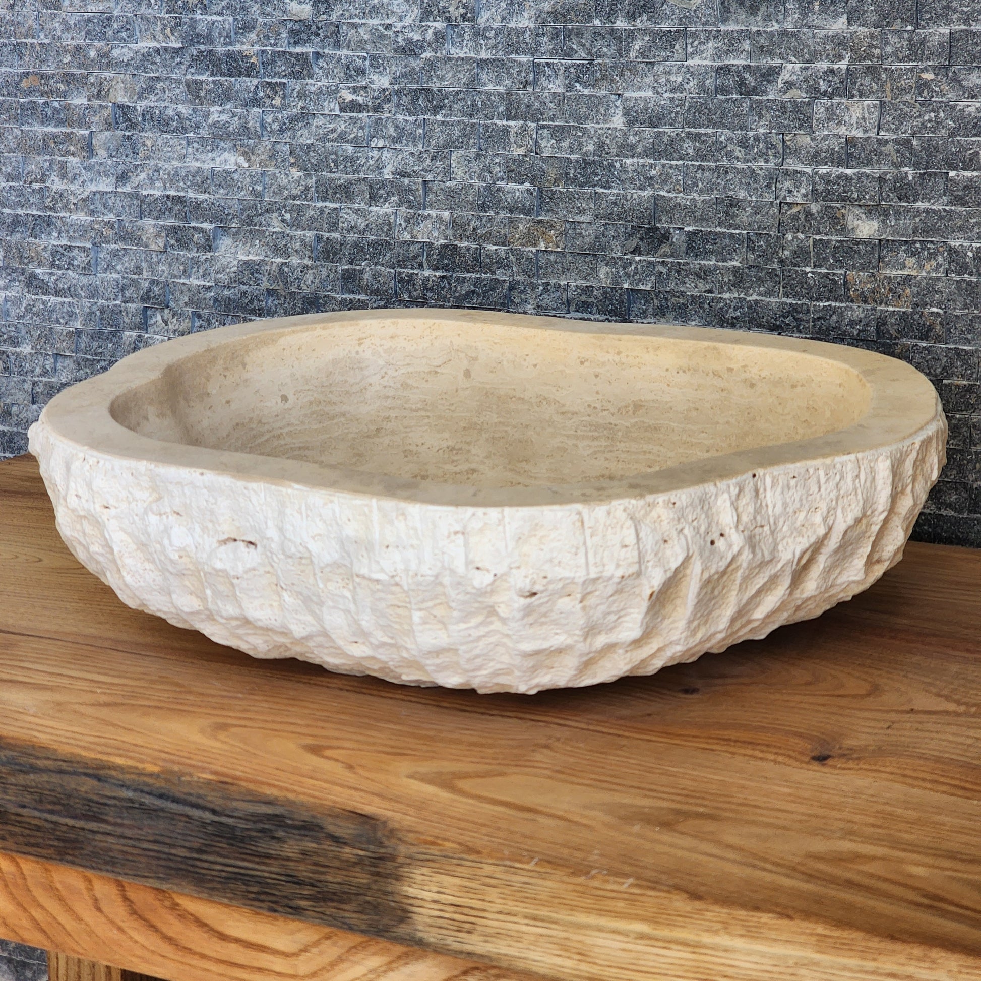 Organic Oval Travertine Vessel Sink - Natural Shape Chiseled Basin