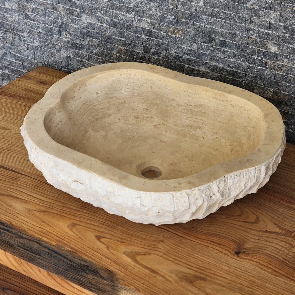 Organic Oval Travertine Vessel Sink - Natural Shape Chiseled Basin