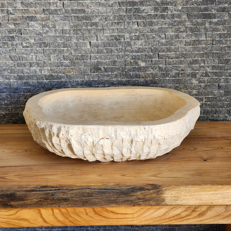 Organic Oval Travertine Vessel Sink - Natural Shape Chiseled Basin