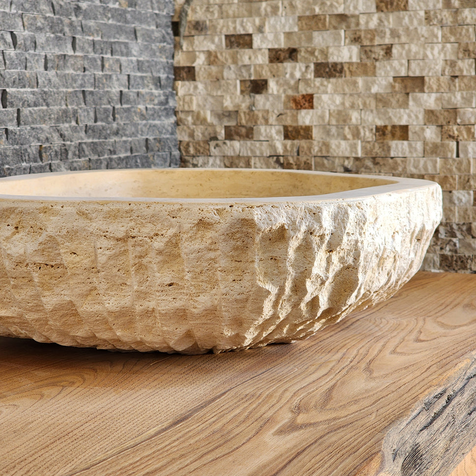 Organic Oval Travertine Vessel Sink - Natural Shape Chiseled Basin