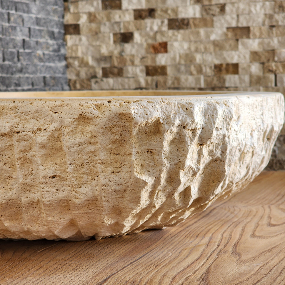 Organic Oval Travertine Vessel Sink - Natural Shape Chiseled Basin