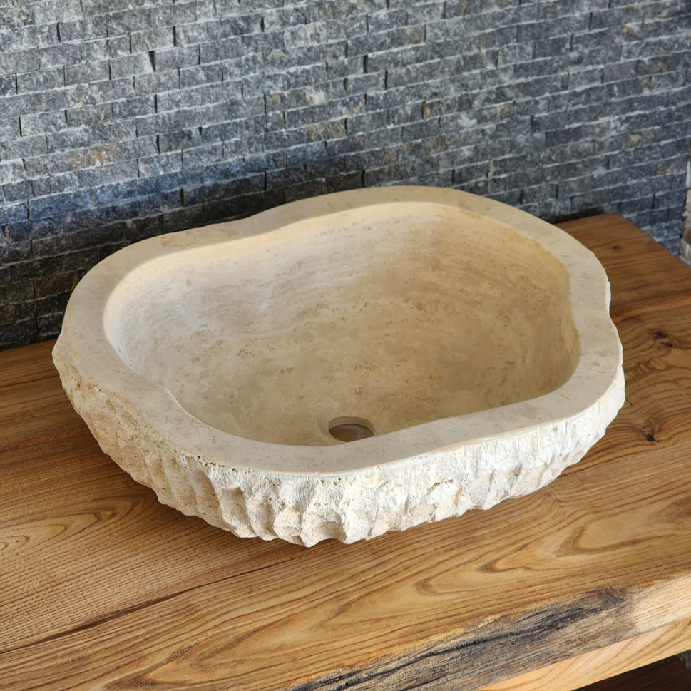 Organic Oval Travertine Vessel Sink - Natural Shape Chiseled Basin