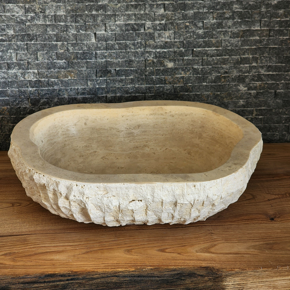 Organic Oval Travertine Vessel Sink - Natural Shape Chiseled Basin