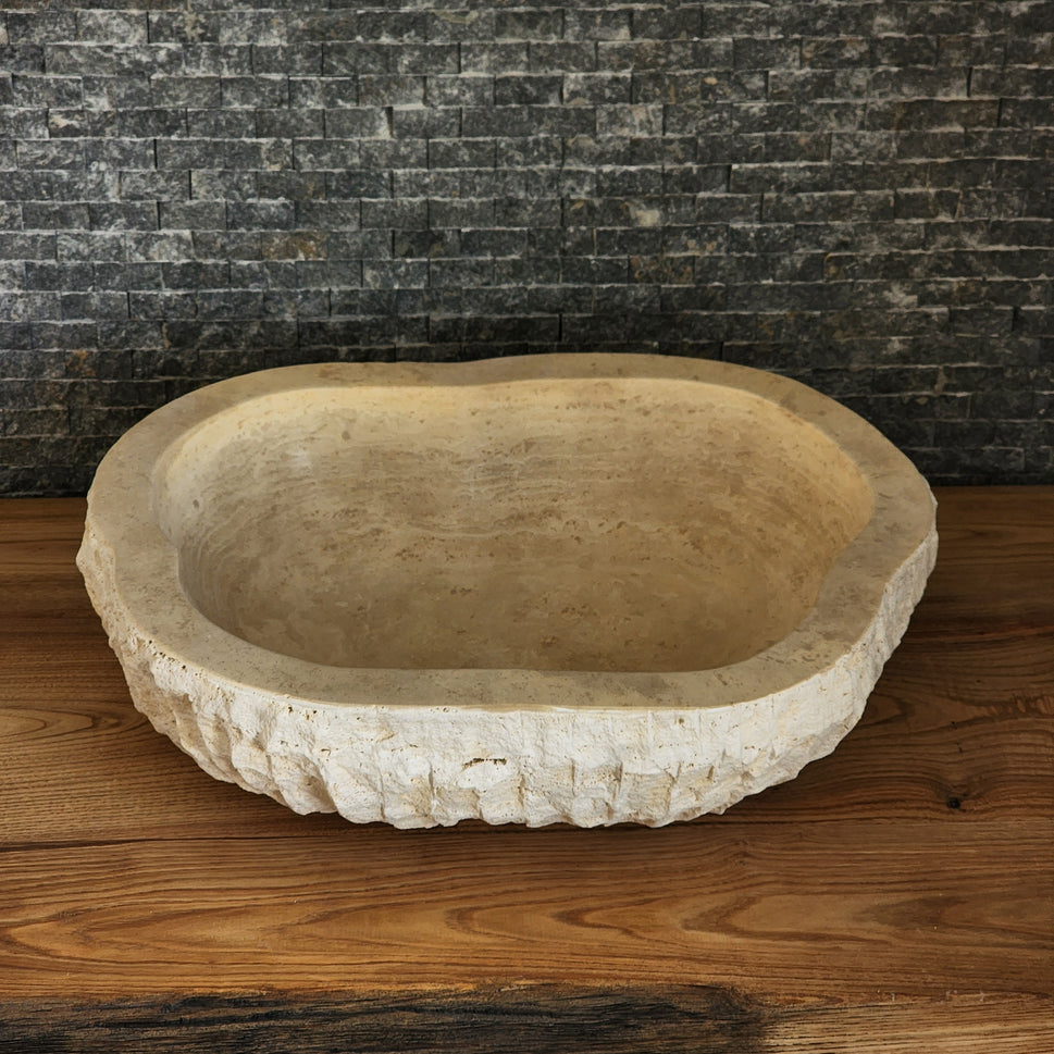 Organic Oval Travertine Vessel Sink - Natural Shape Chiseled Basin