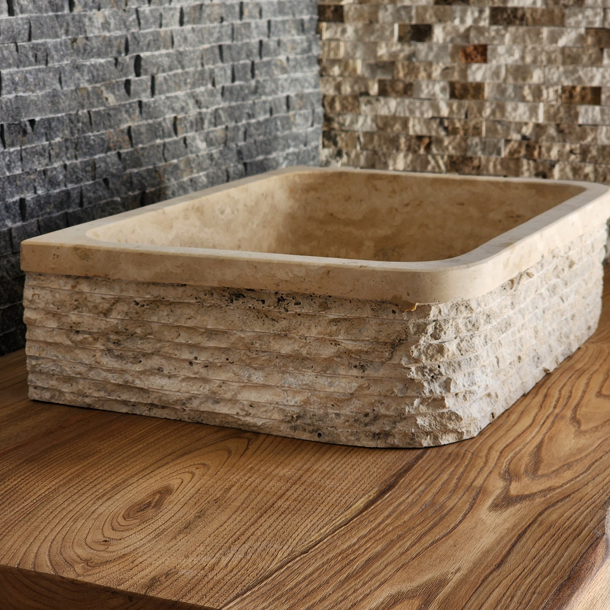 Solid Travertine D-Shaped Vessel Sink - Chiseled Block Basin