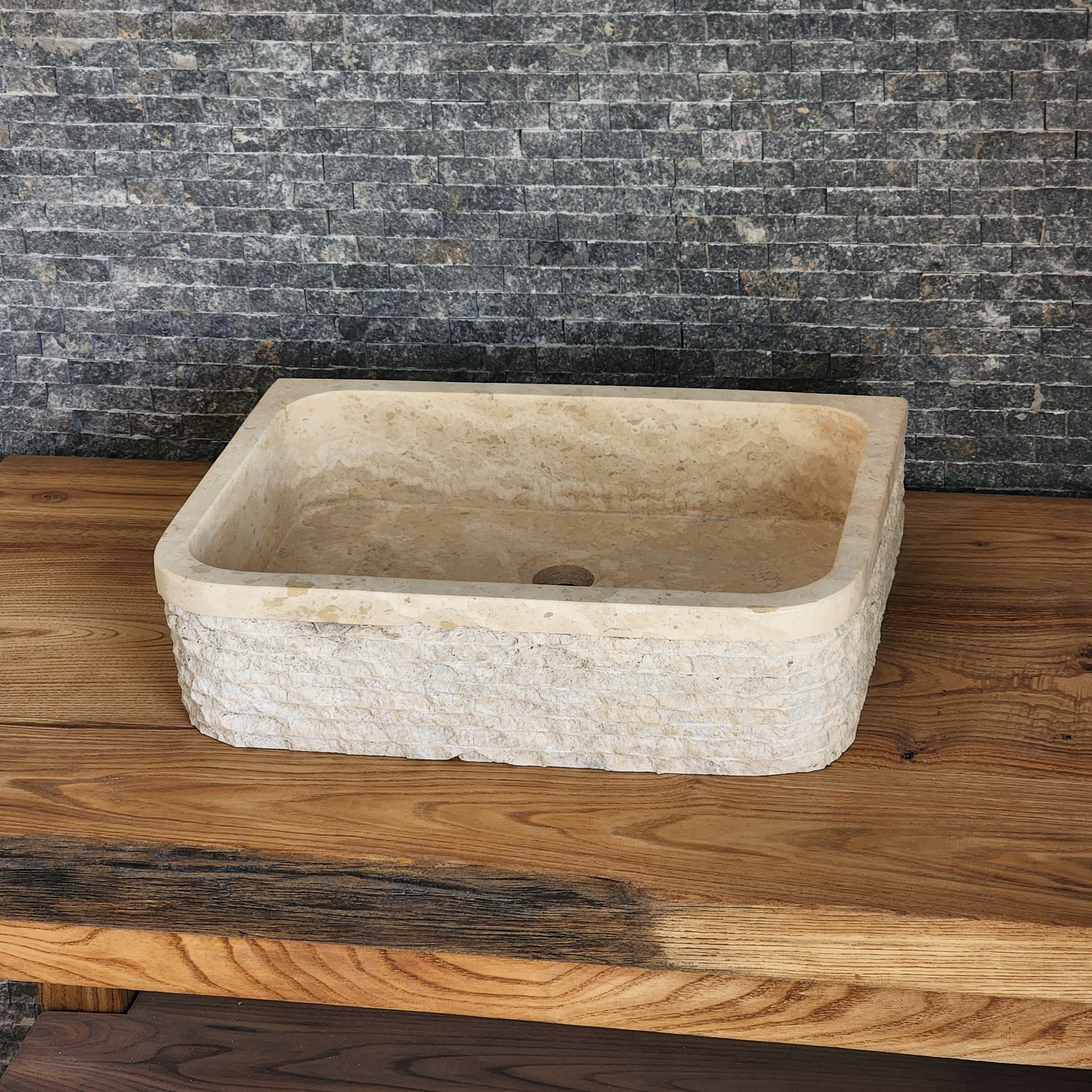 Solid Travertine D-Shaped Vessel Sink - Chiseled Block Basin