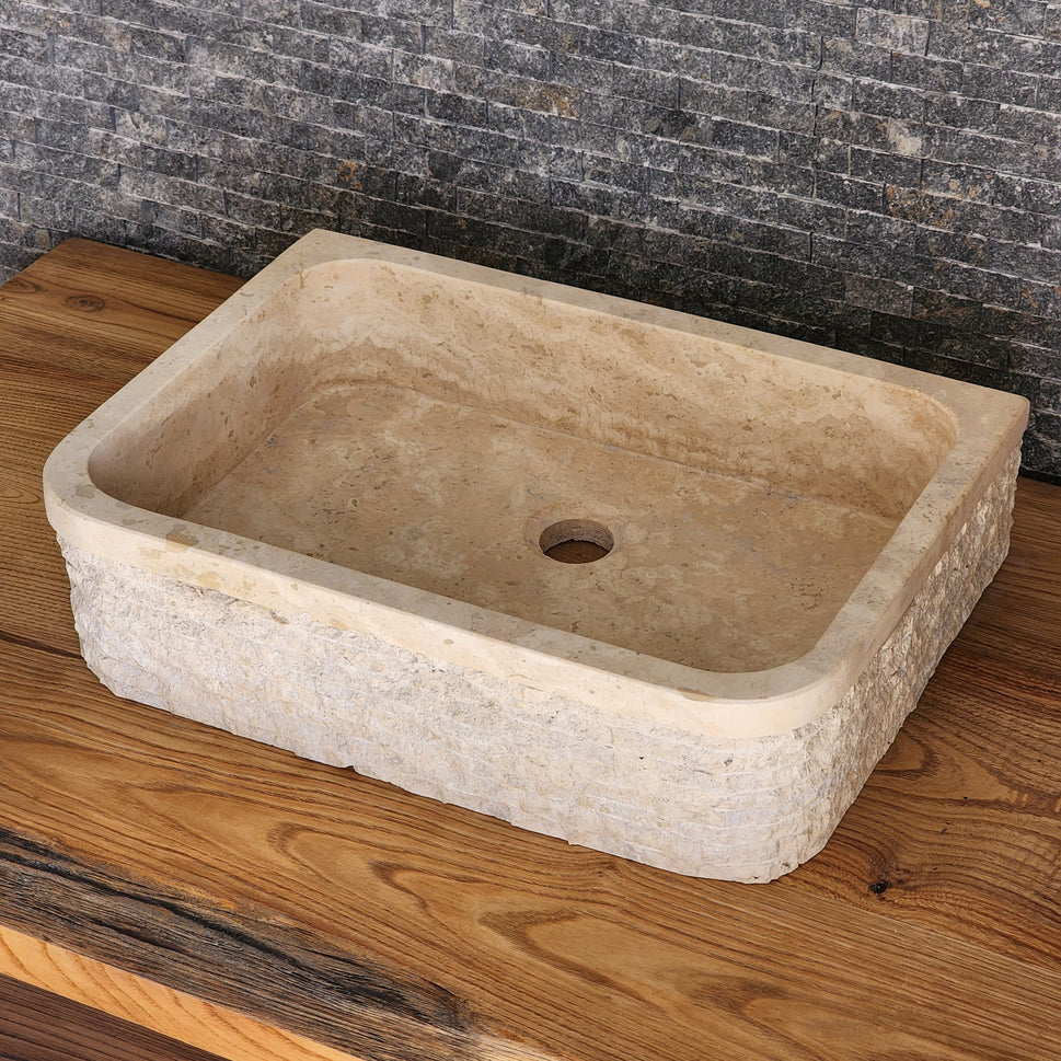 Solid Travertine D-Shaped Vessel Sink - Chiseled Block Basin
