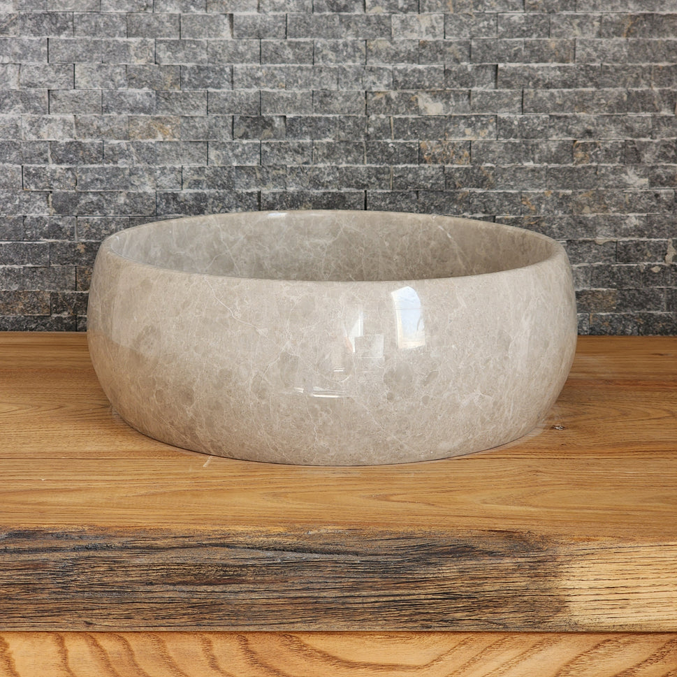 Polished Taupe Marble Vessel Sink - Round Solid Stone Basin