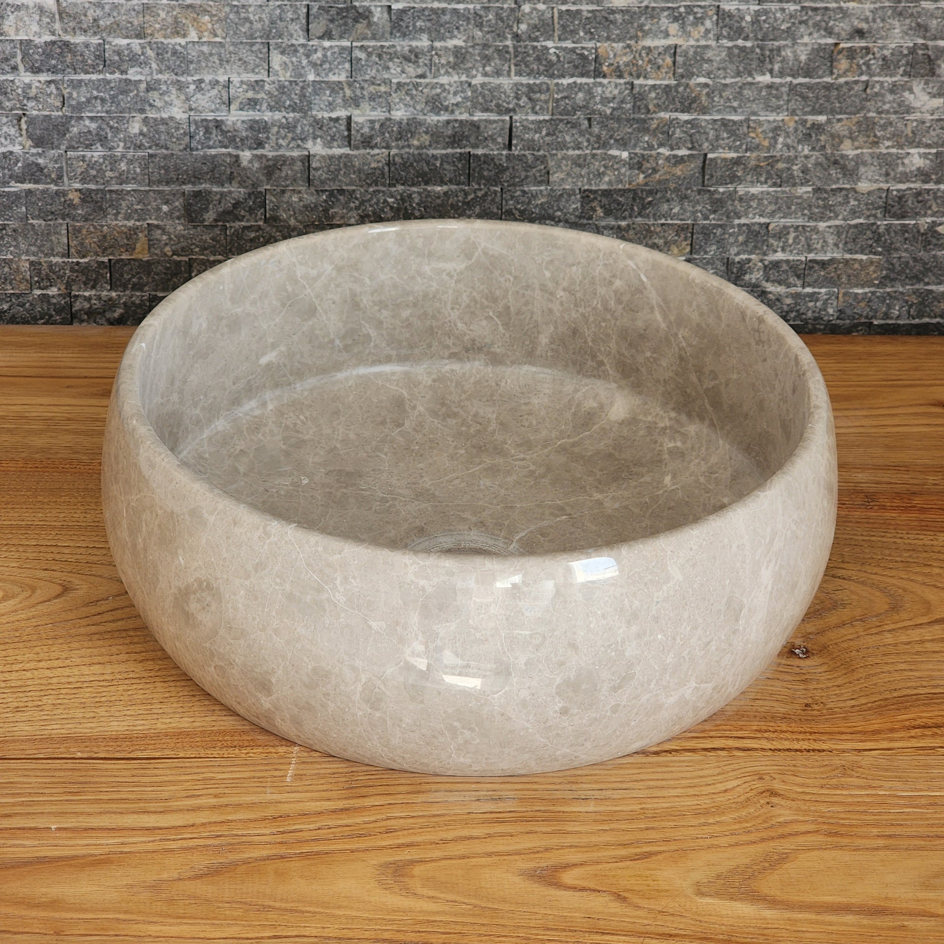 Polished Taupe Marble Vessel Sink - Round Solid Stone Basin