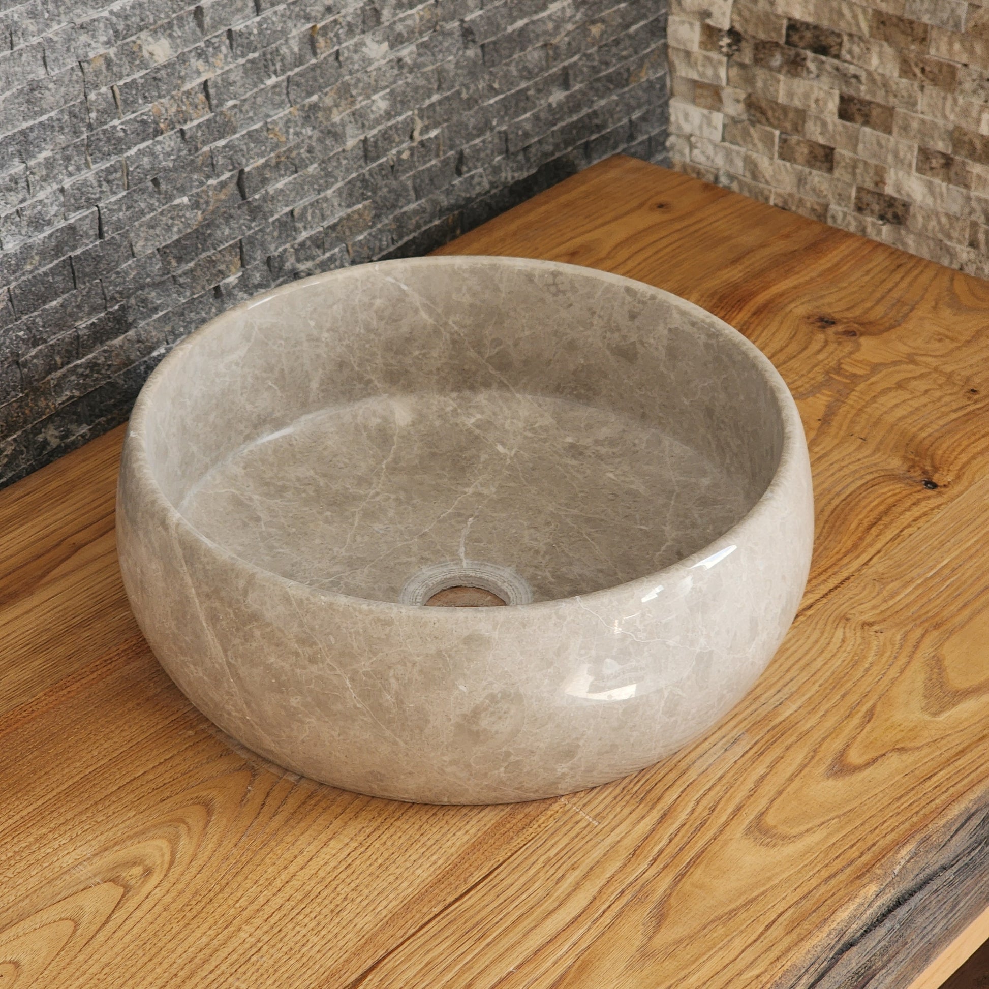 Polished Taupe Marble Vessel Sink - Round Solid Stone Basin