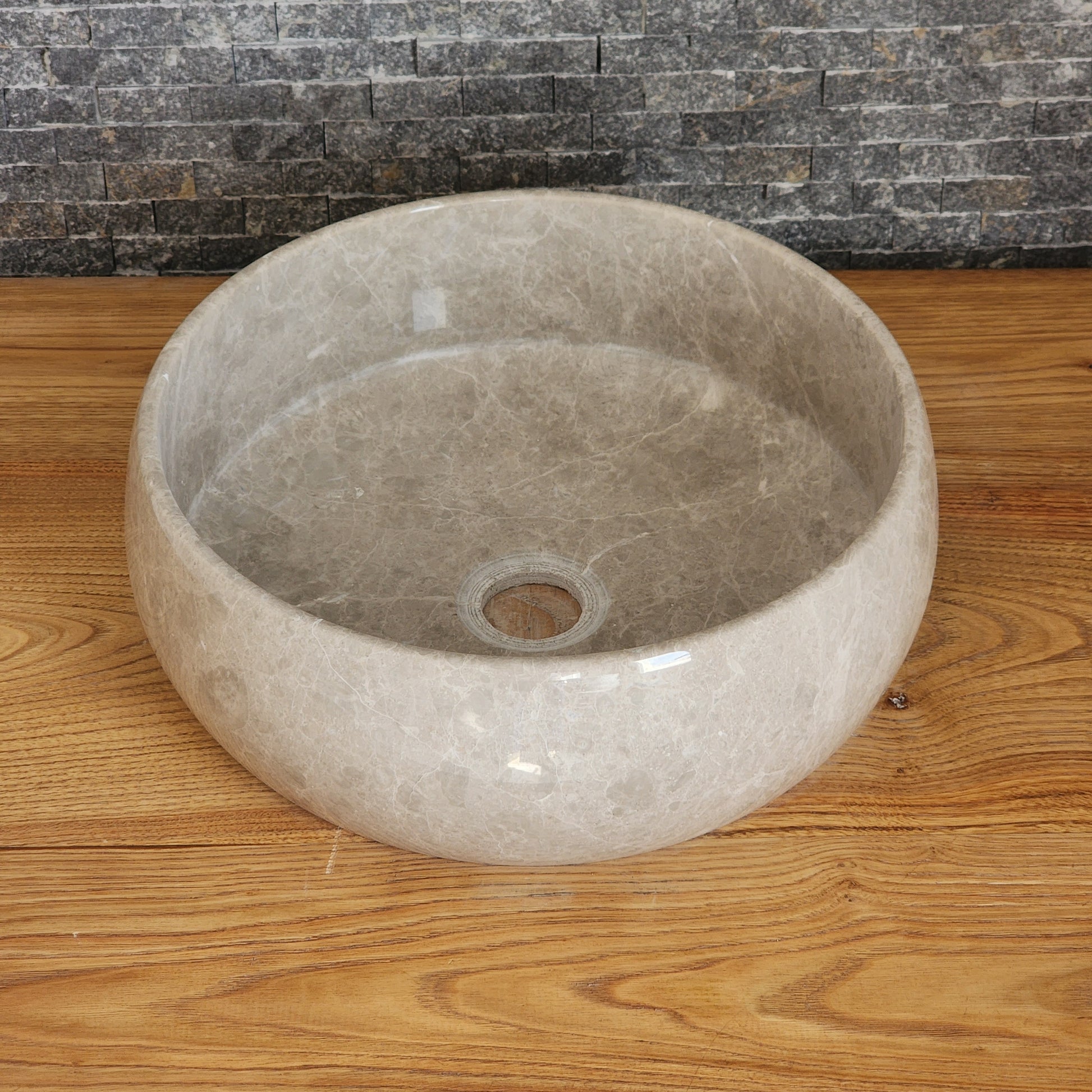 Polished Taupe Marble Vessel Sink - Round Solid Stone Basin