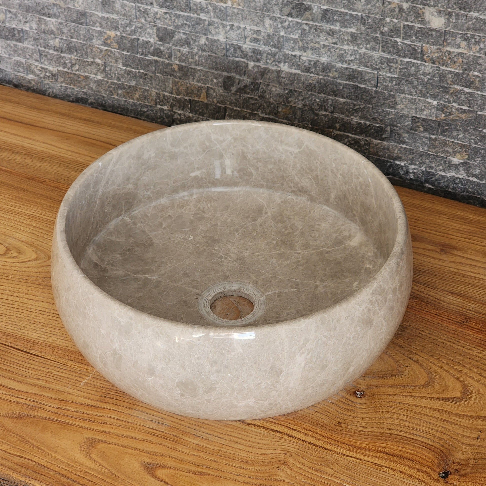 Polished Taupe Marble Vessel Sink - Round Solid Stone Basin