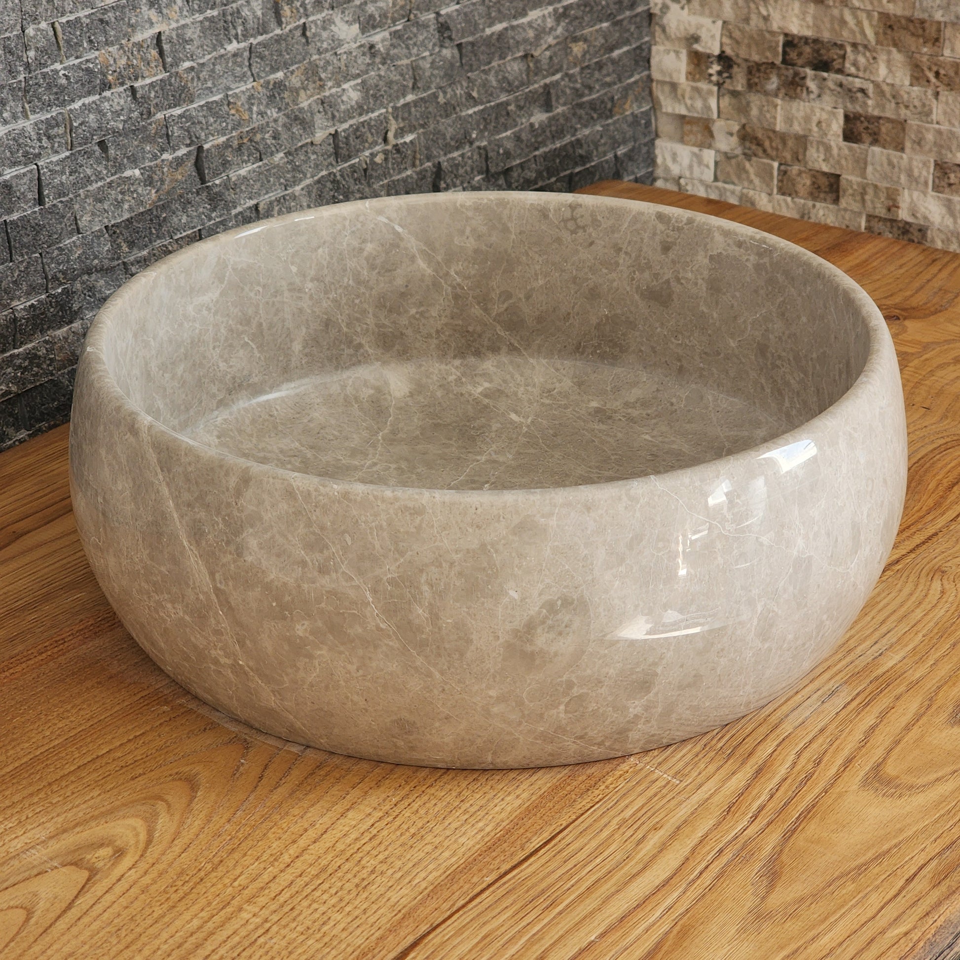 Polished Taupe Marble Vessel Sink - Round Solid Stone Basin