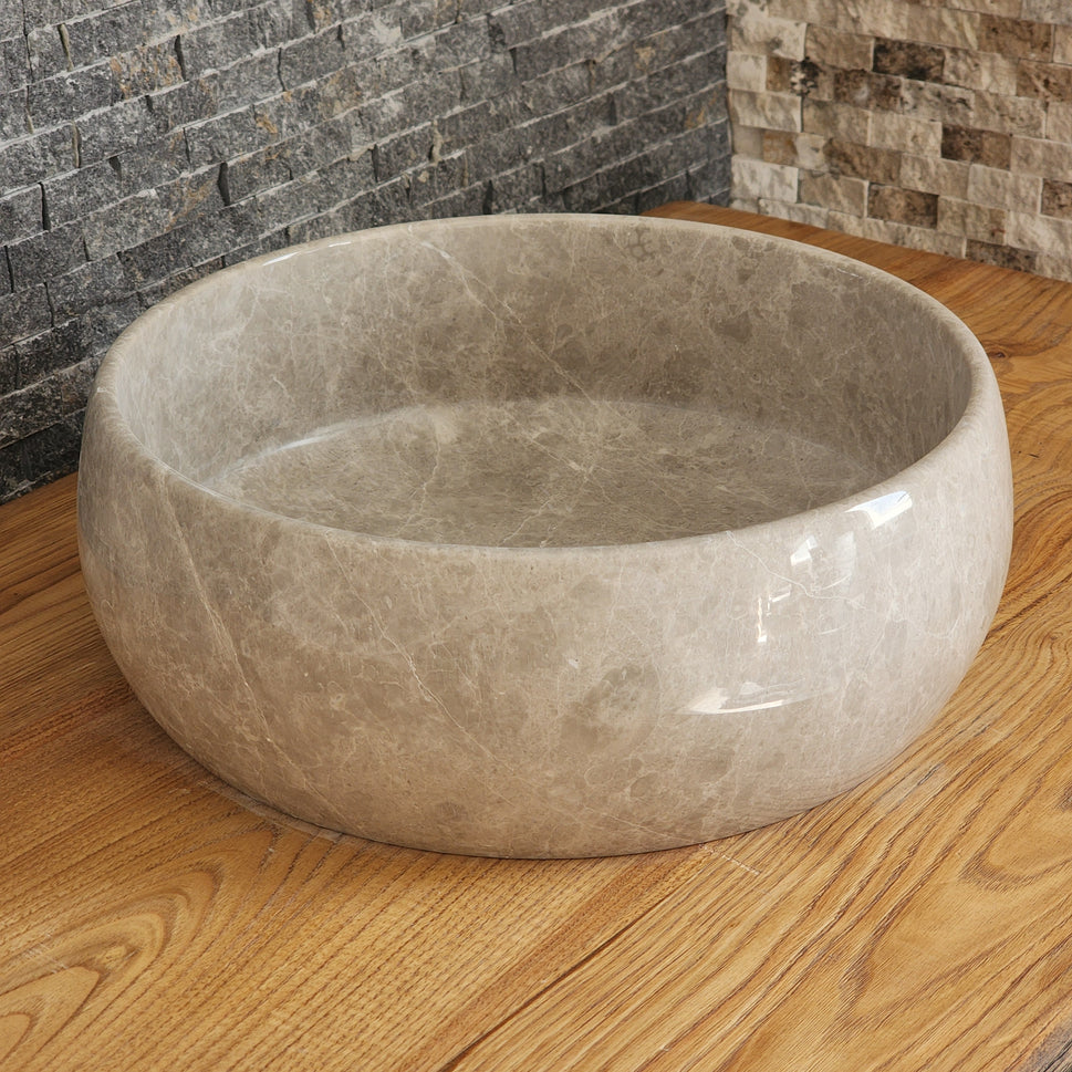Polished Taupe Marble Vessel Sink - Round Solid Stone Basin