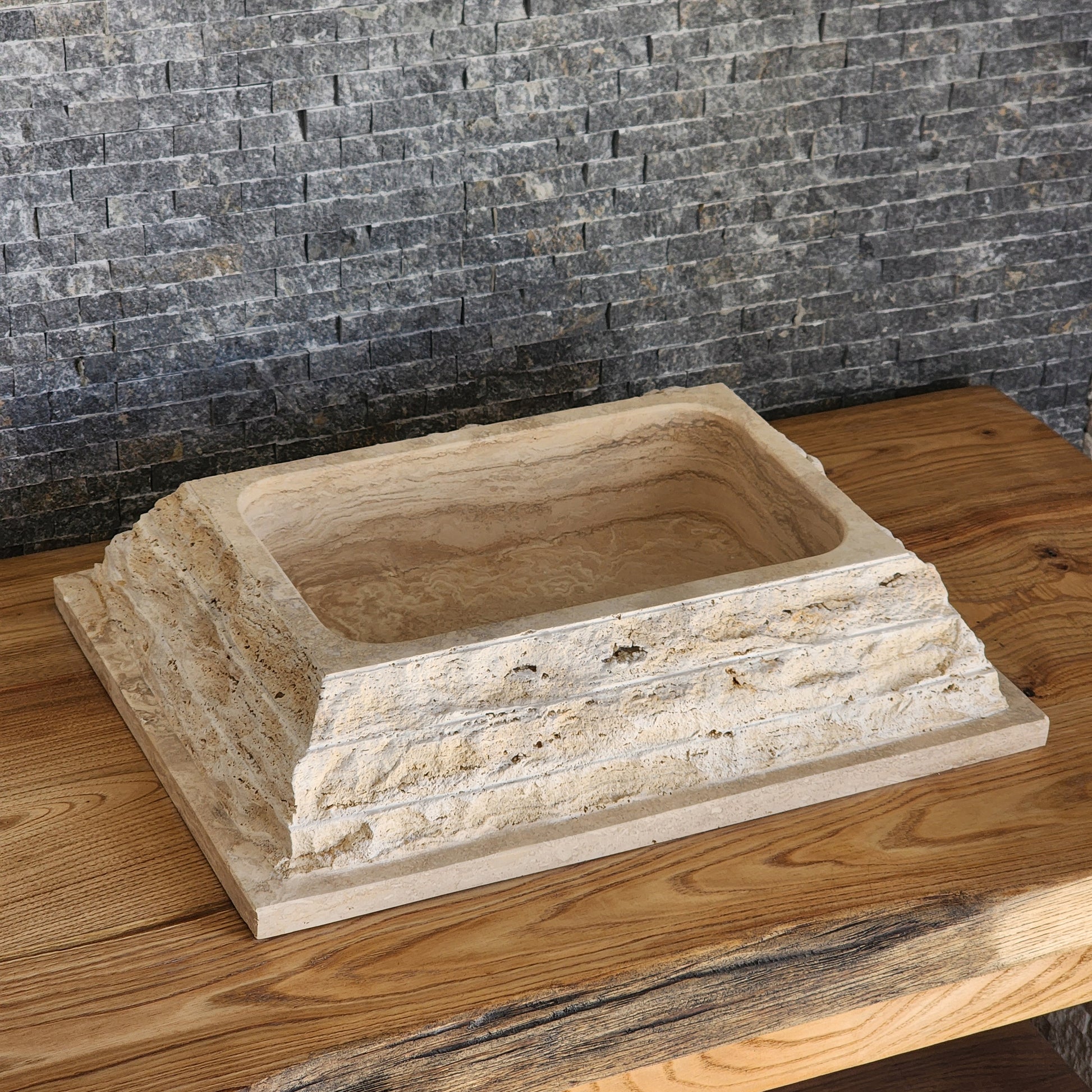 Rectangular Chiseled Travertine Block Sink - Raw Edge Natural Stone Basin