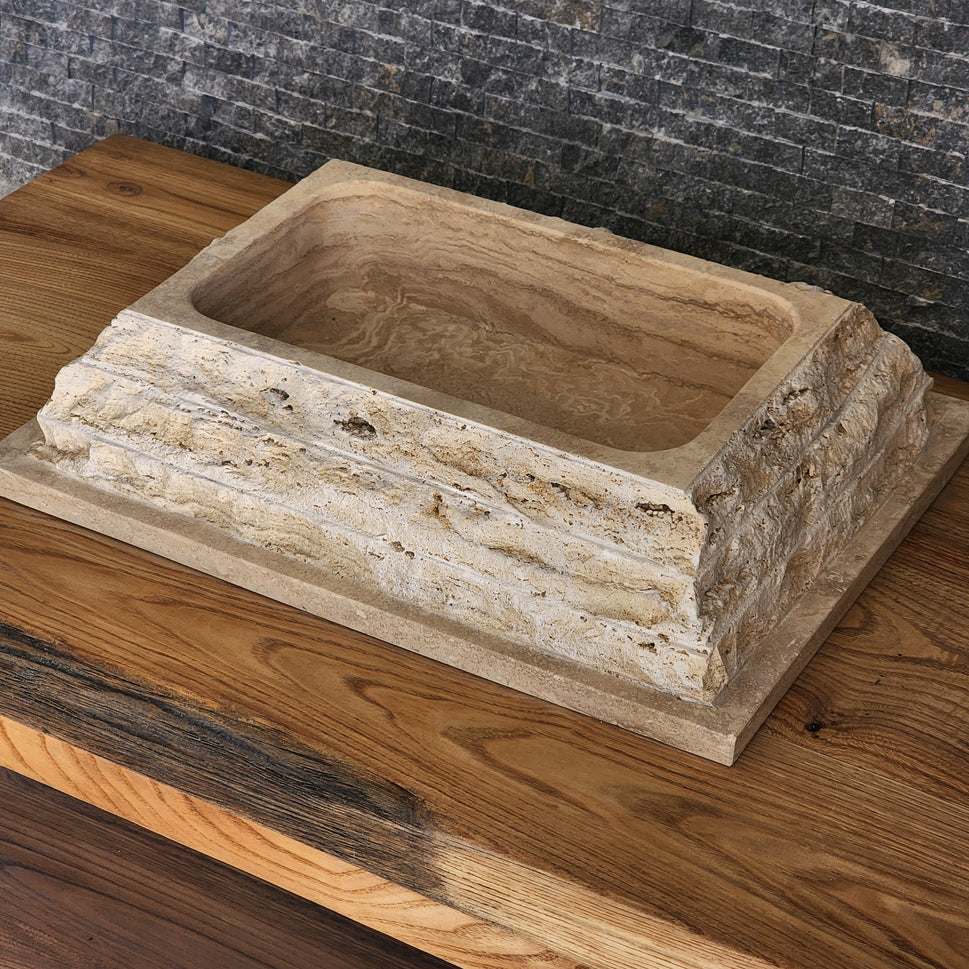 Rectangular Chiseled Travertine Block Sink - Raw Edge Natural Stone Basin