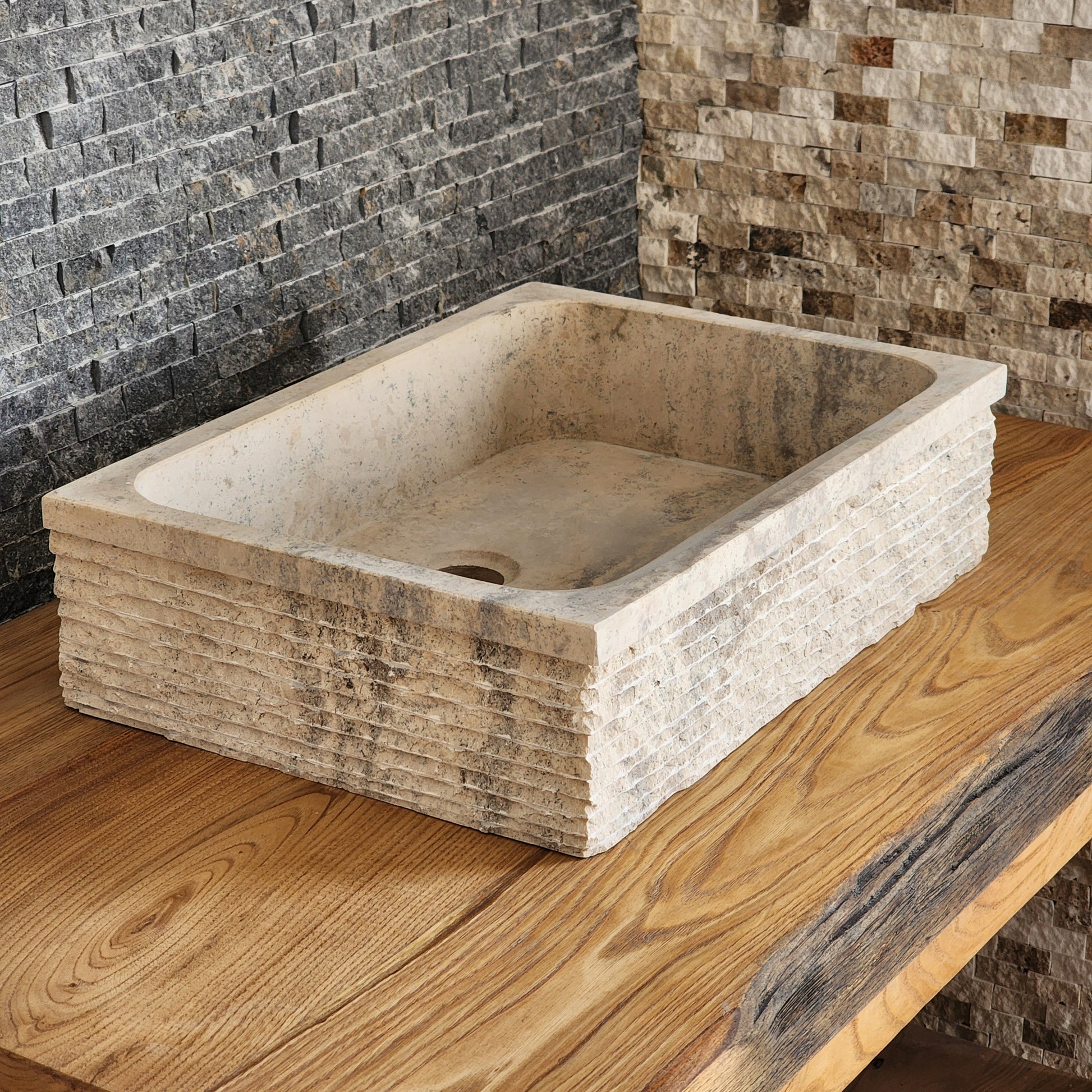 Rectangular Chiseled Travertine Block Sink - Raw Edge Natural Stone Basin