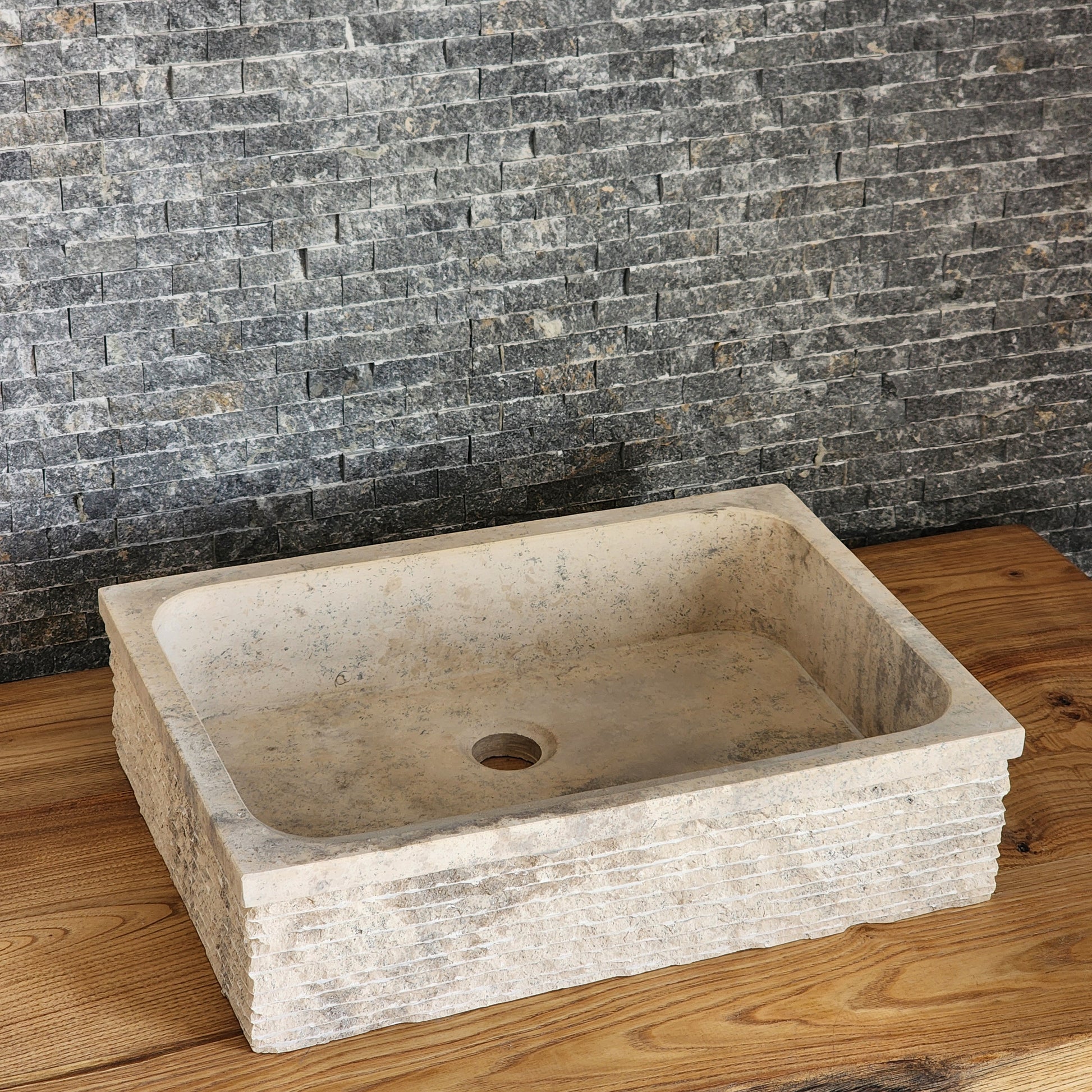 Rectangular Chiseled Travertine Block Sink - Raw Edge Natural Stone Basin