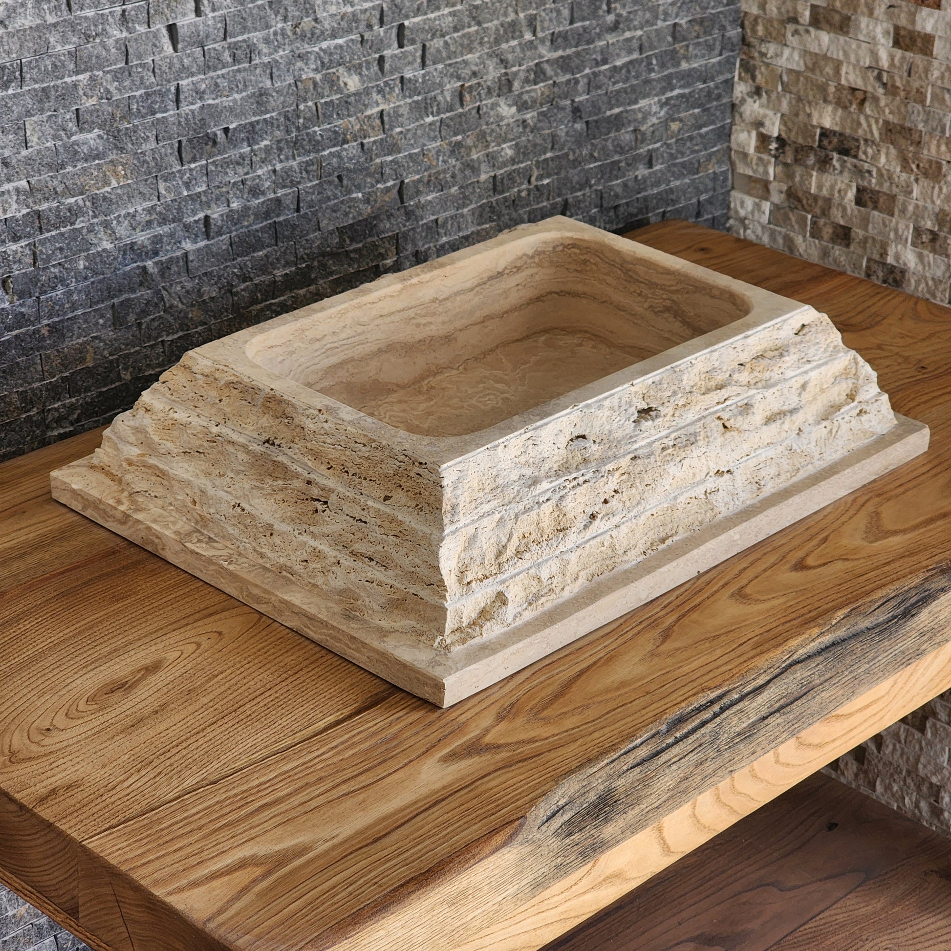 Rectangular Chiseled Travertine Block Sink - Raw Edge Natural Stone Basin
