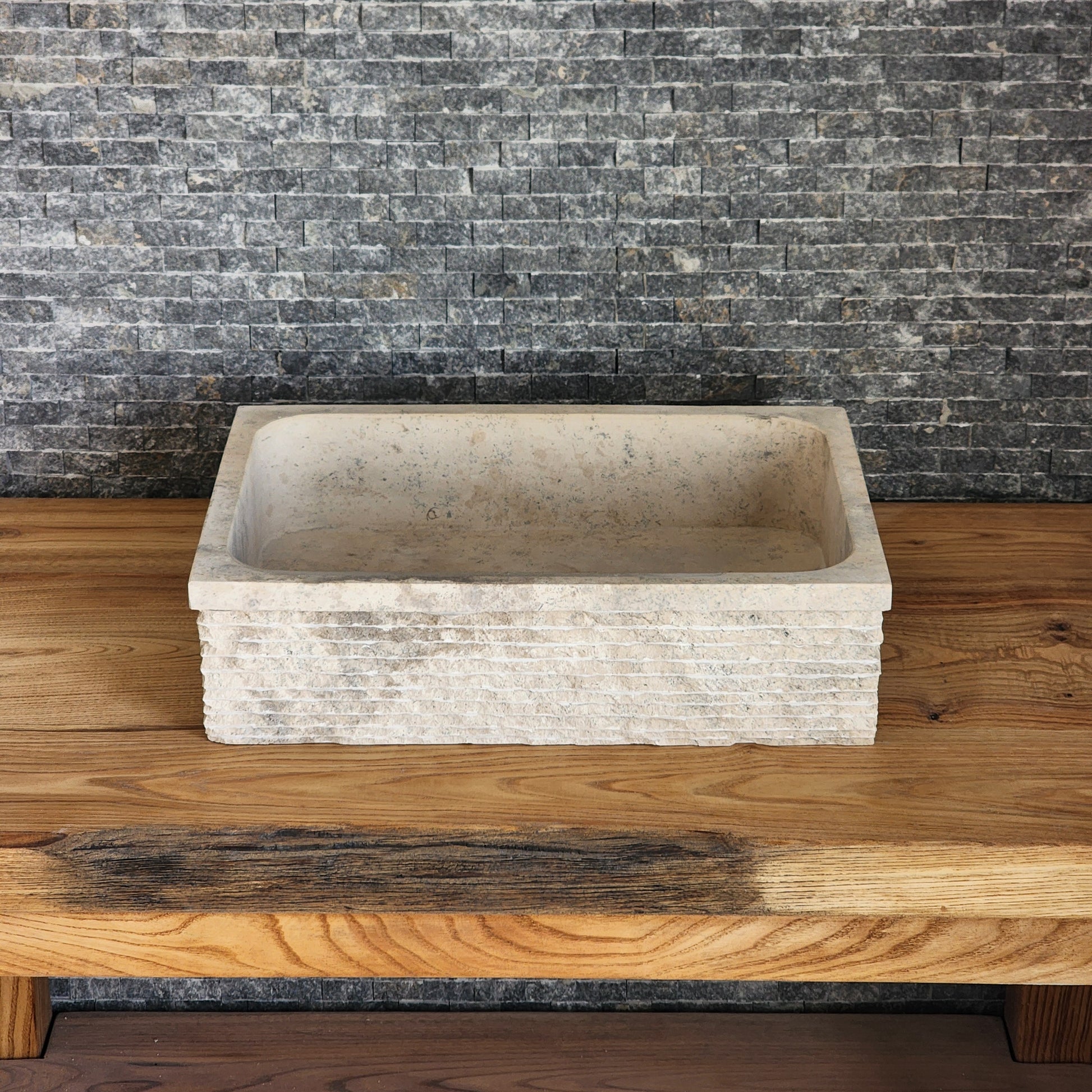 Rectangular Chiseled Travertine Block Sink - Raw Edge Natural Stone Basin