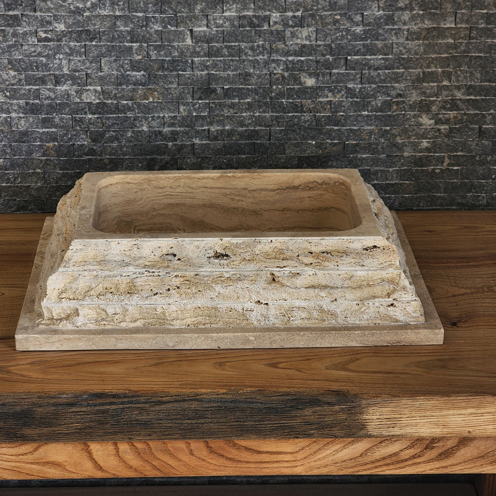 Rectangular Chiseled Travertine Block Sink - Raw Edge Natural Stone Basin