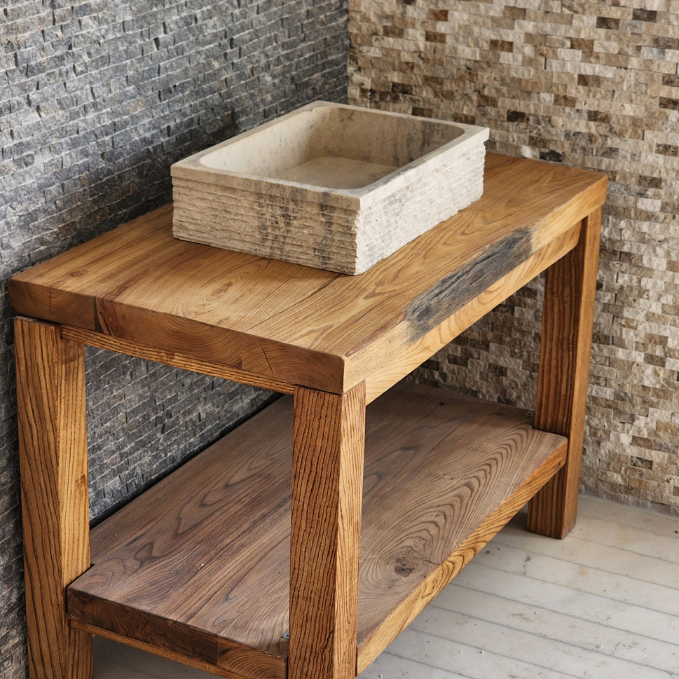 Rectangular Chiseled Travertine Block Sink - Raw Edge Natural Stone Basin