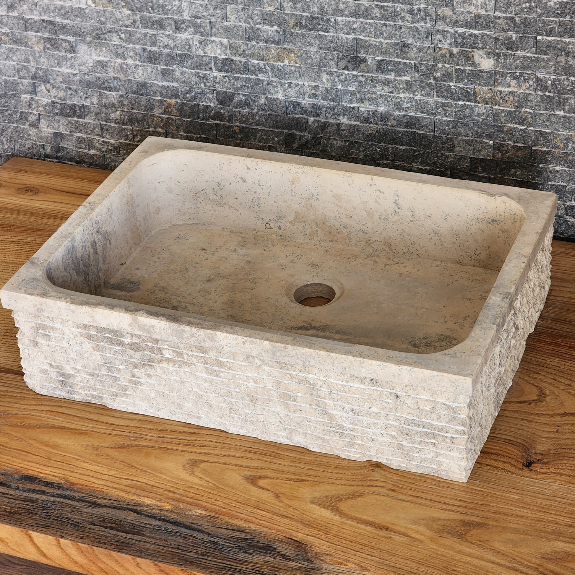 Rectangular Chiseled Travertine Block Sink - Raw Edge Natural Stone Basin