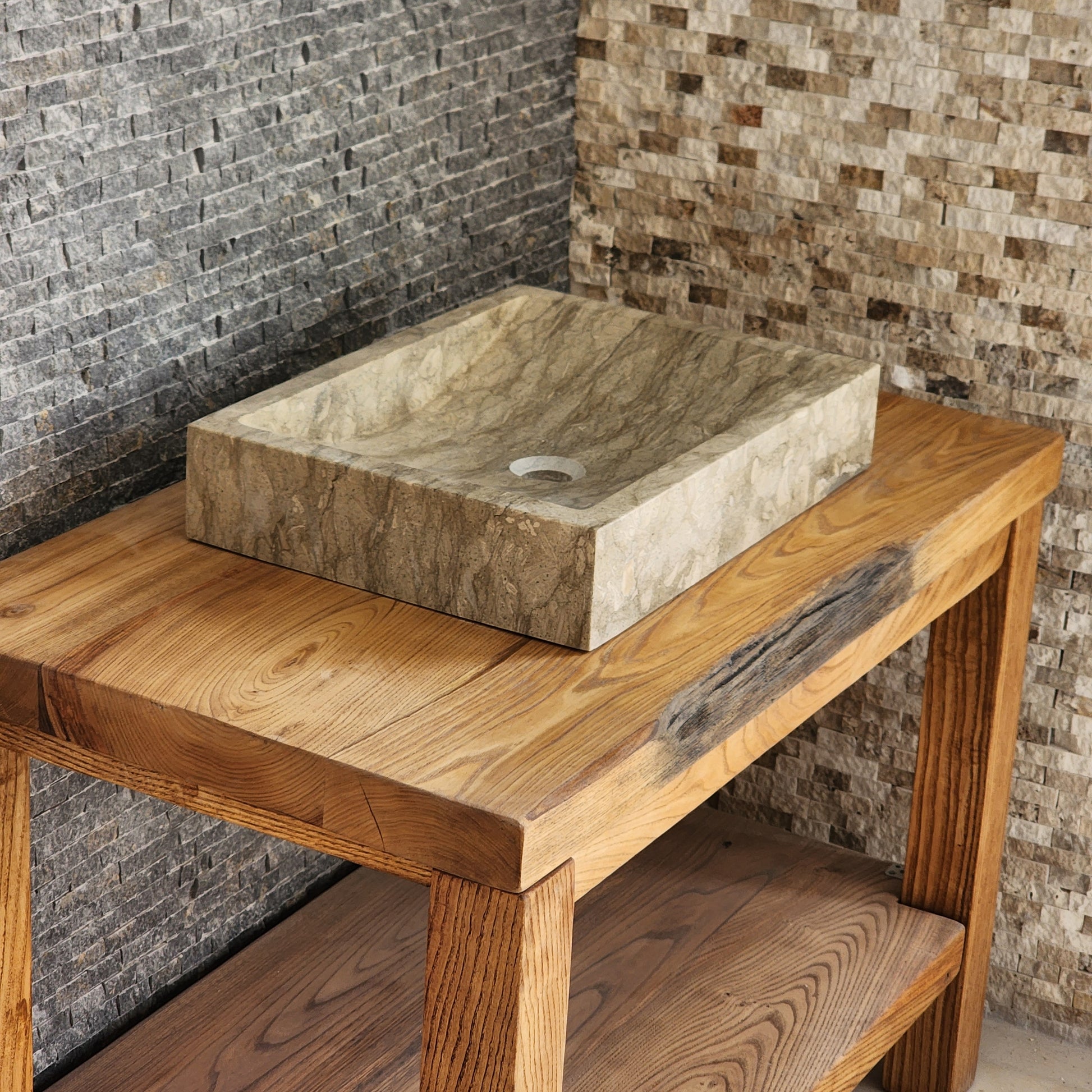 Rectangular Earth-Veined Marble Sink - Honed Solid Stone Basin