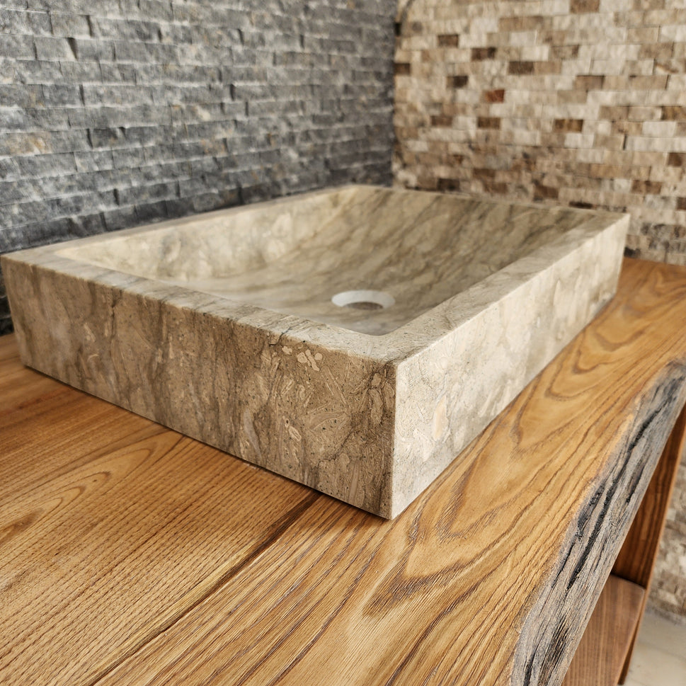 Rectangular Earth-Veined Marble Sink - Honed Solid Stone Basin