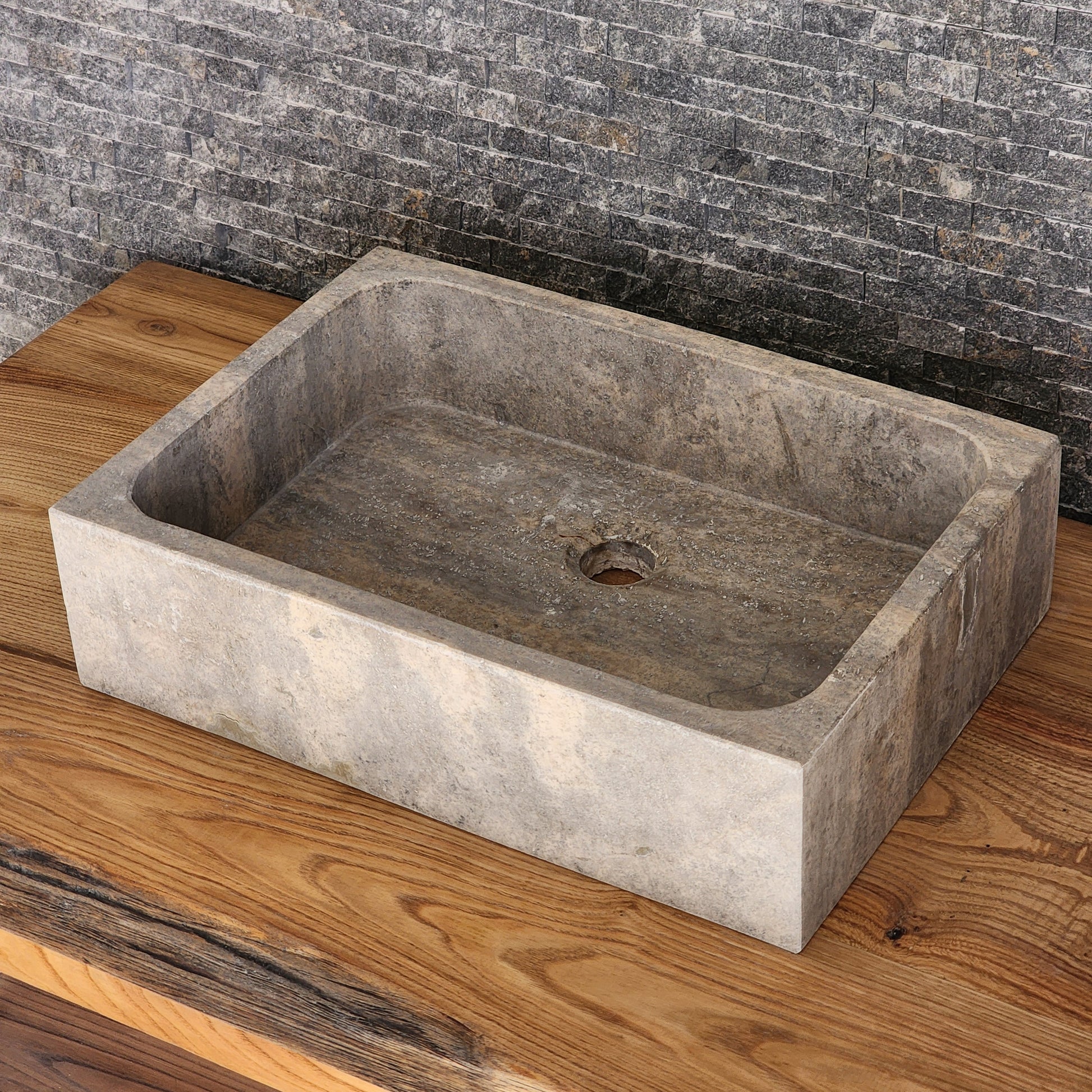 Rectangular Silver Travertine Vessel Sink - Solid Block Stone Basin