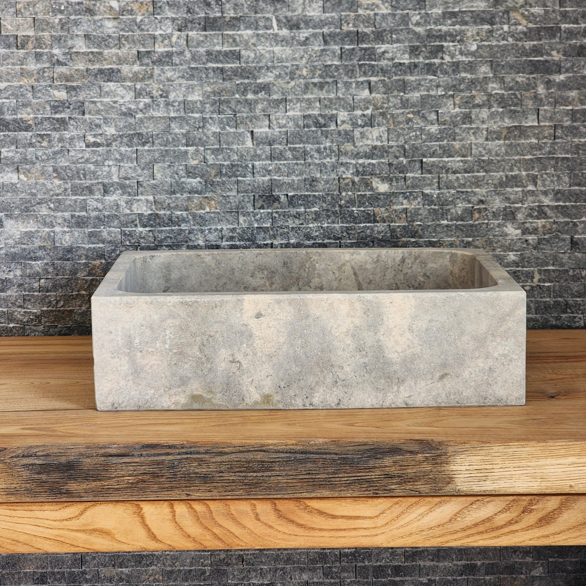 Rectangular Silver Travertine Vessel Sink - Solid Block Stone Basin