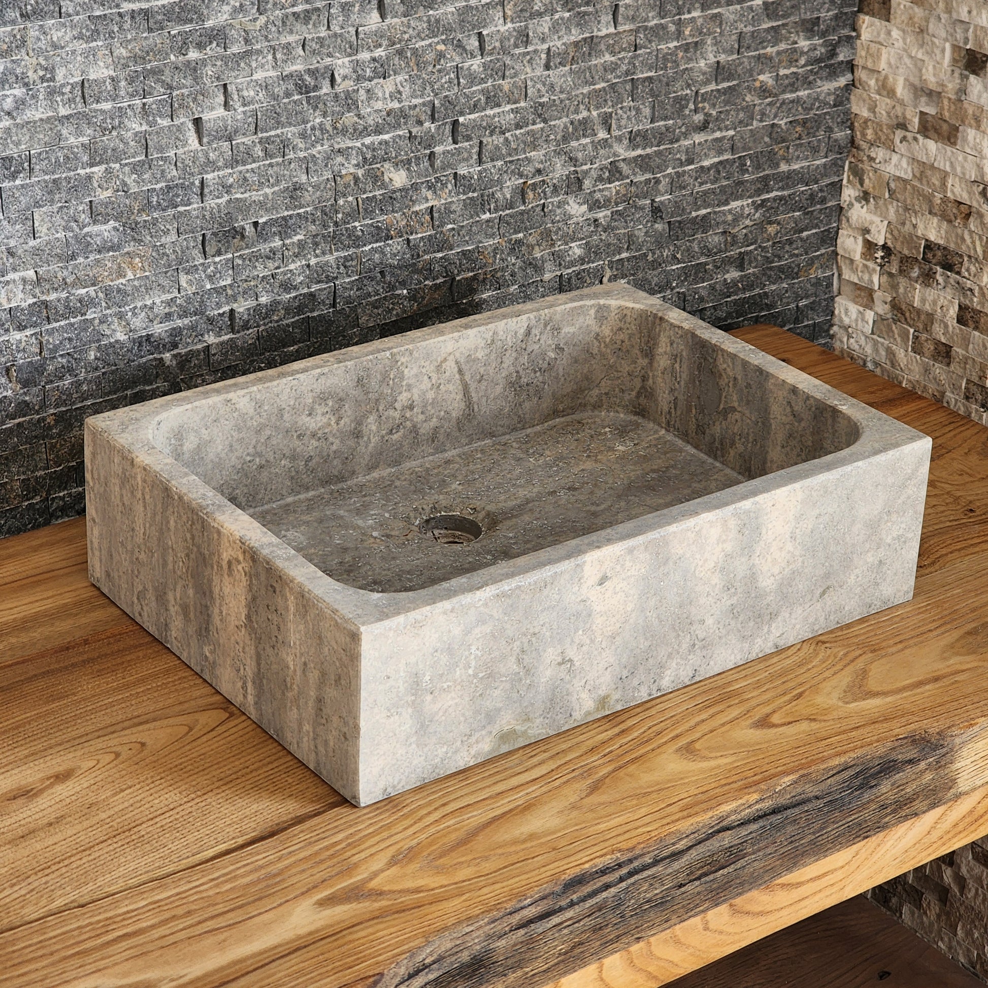 Rectangular Silver Travertine Vessel Sink - Solid Block Stone Basin