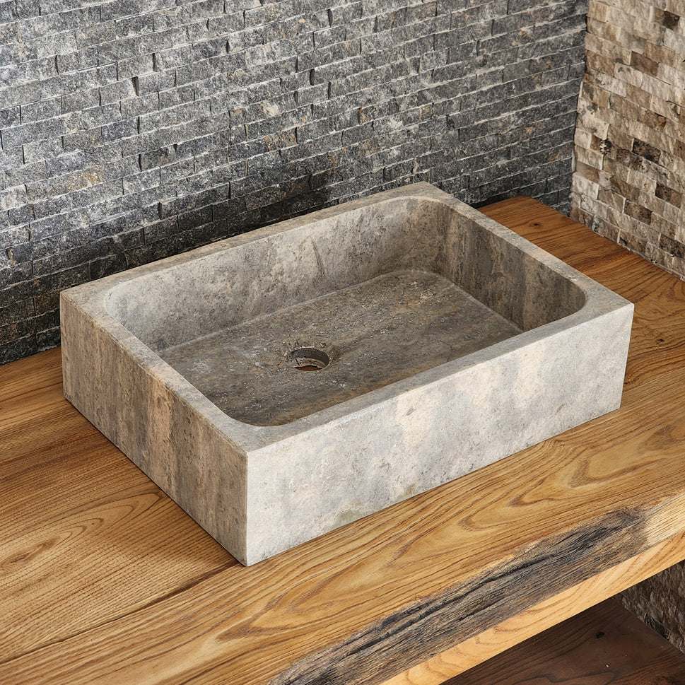 Rectangular Silver Travertine Vessel Sink - Solid Block Stone Basin